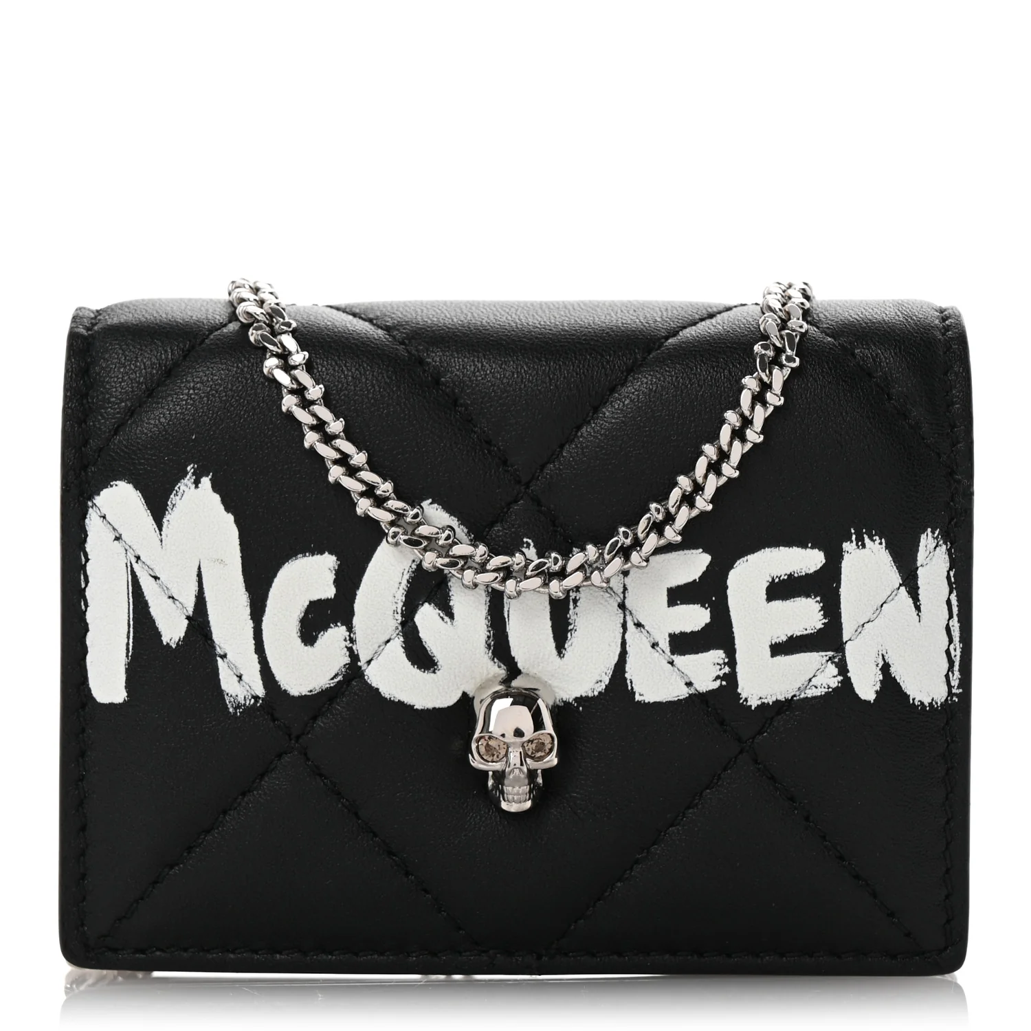 Nappa Graffiti Quilted Graffiti Skull Card Holder on Chain Black White