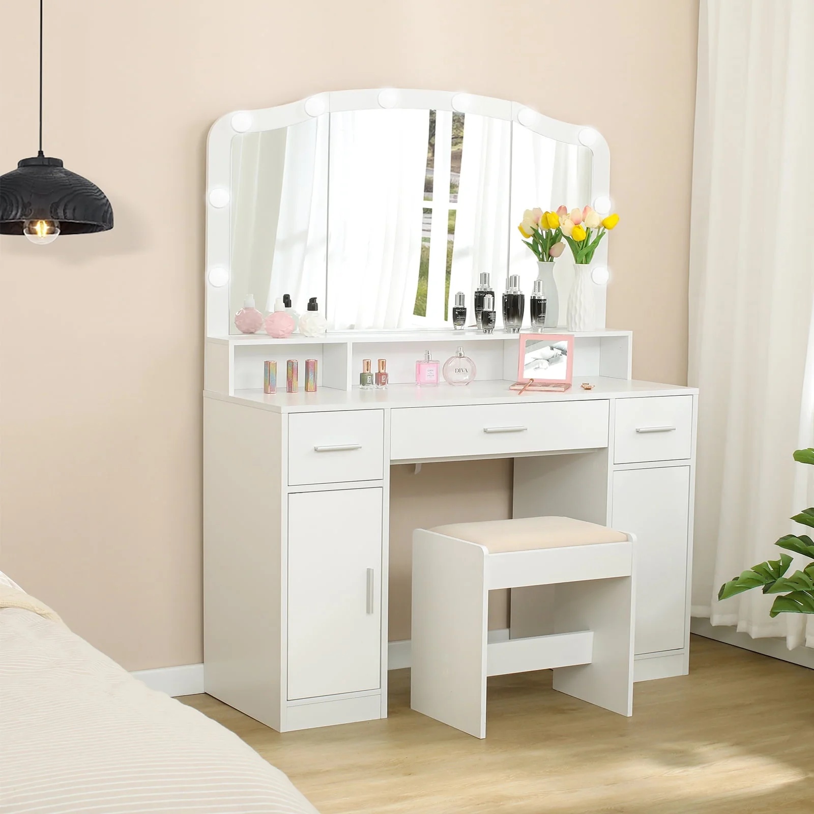 USIKEY Large Vanity Set with Large Lighted Mirror, Modern Makeup Vanity Table with 3 Drawers, 2 Storage Cabinets 10 LED Bulbs and Cushioned Stool for Women, Bedroom, WhiteSZT32WD(Gray) Image 3