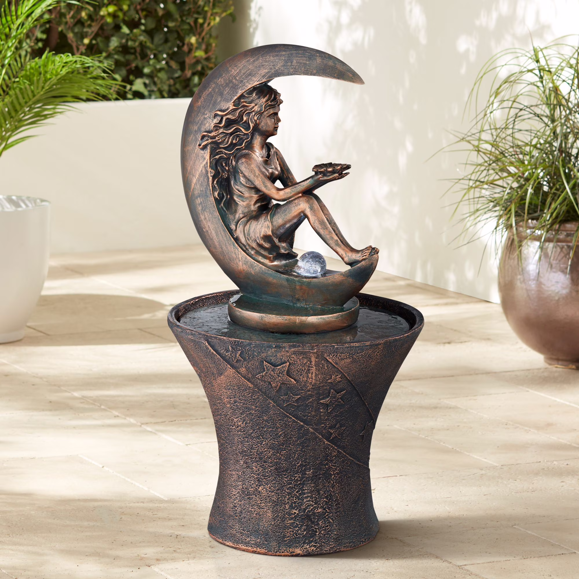 Crescent Moon 34 High Large Rustic Indoor Outdoor Decor Faux Stone Floor Fountain with Light LED Outside Garden