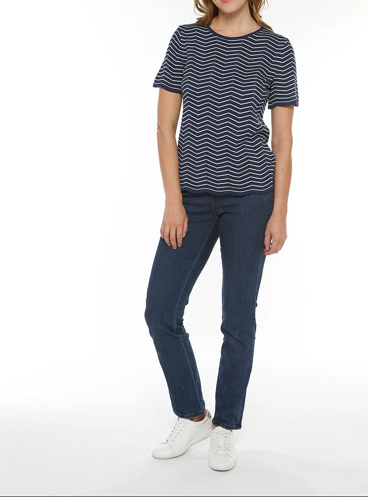 Pull femme coton manches courtes marine/crème