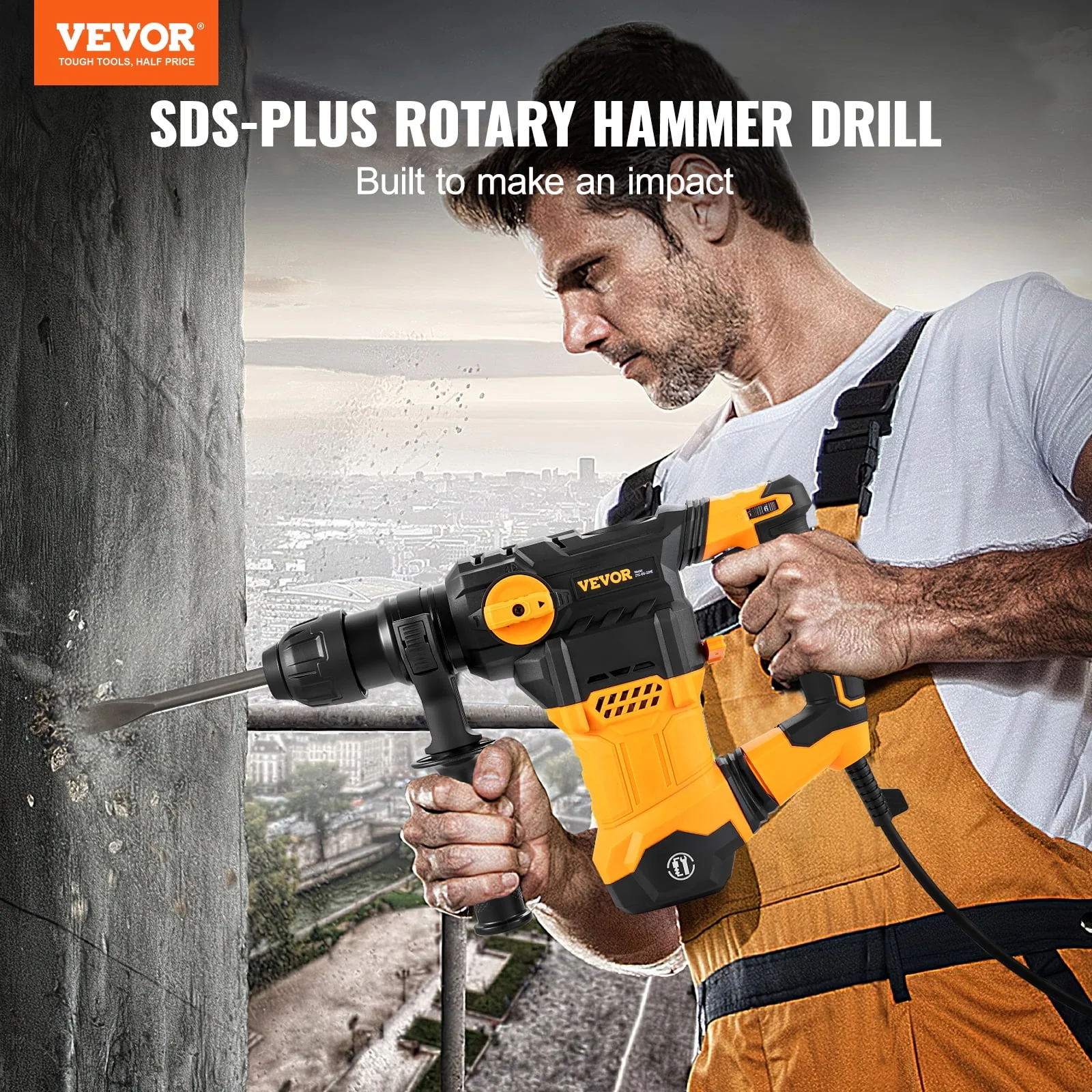 VEVOR 1-1/4inch SDS-Plus Rotary Hammer Drill, 13 Amp Corded Drills, Heavy Duty Chipping Hammers w/Vibration Control & Safety Clutch, Electric Demolition Hammers Variable Speed, Power Tool For Concrete