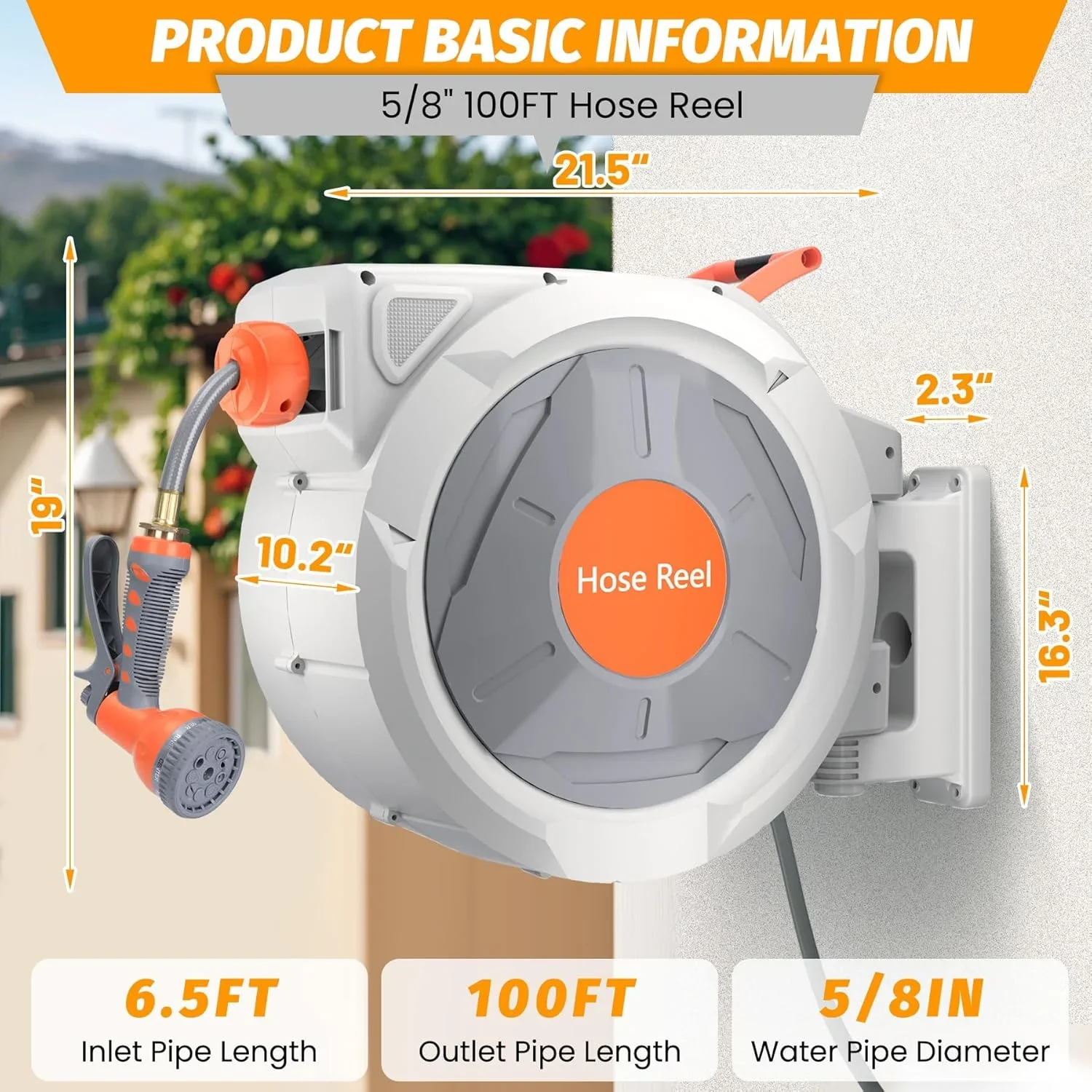 Telyswee Retractable Hose Reel 100 ft x 5/8 inch, 180�� Swivel Bracket Wall-Mounted, Garden Water Hose Reel with 9-Pattern Nozzle, Automatic Rewind, Lock at Any Length, and Slow Return System