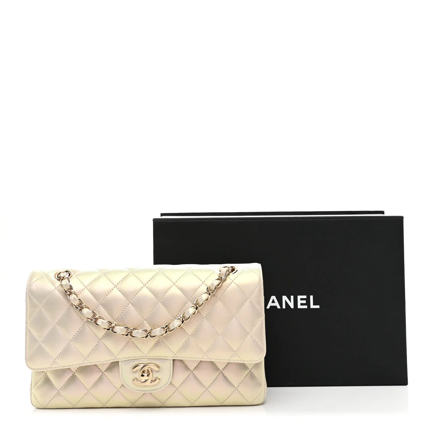 Iridescent Lambskin Quilted Medium Double Flap Ivory