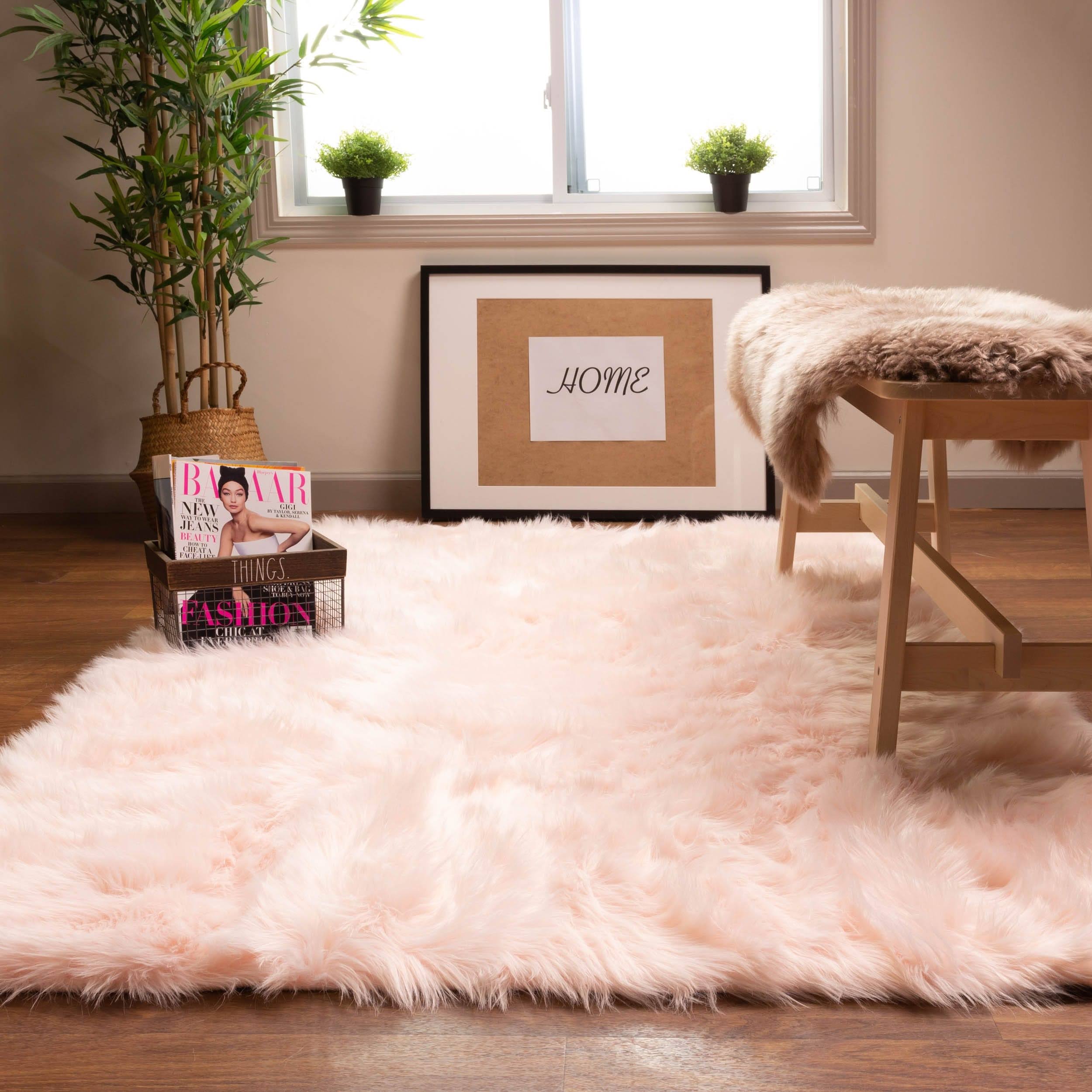 Silver Orchid Parrott Faux Fur Sheepskin Area Rug Light Pink 5' x 7' 5' x 8' Indoor Living Room Rectangle