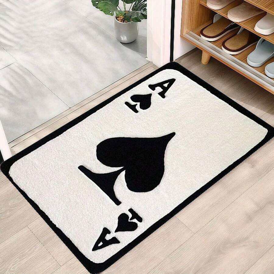 1pc Creative Ace Of Spades Flannel Printed Doormat, Suitable For Living Room, Bedroom, Kitchen, And Gaming Room, Non-Slip, Absorbent, Machine Washable, Flannel Carpet, Flannel Floor Mat, Door Mat, Anti-Slip And Absorbent Decorative Mat - wanlinfang