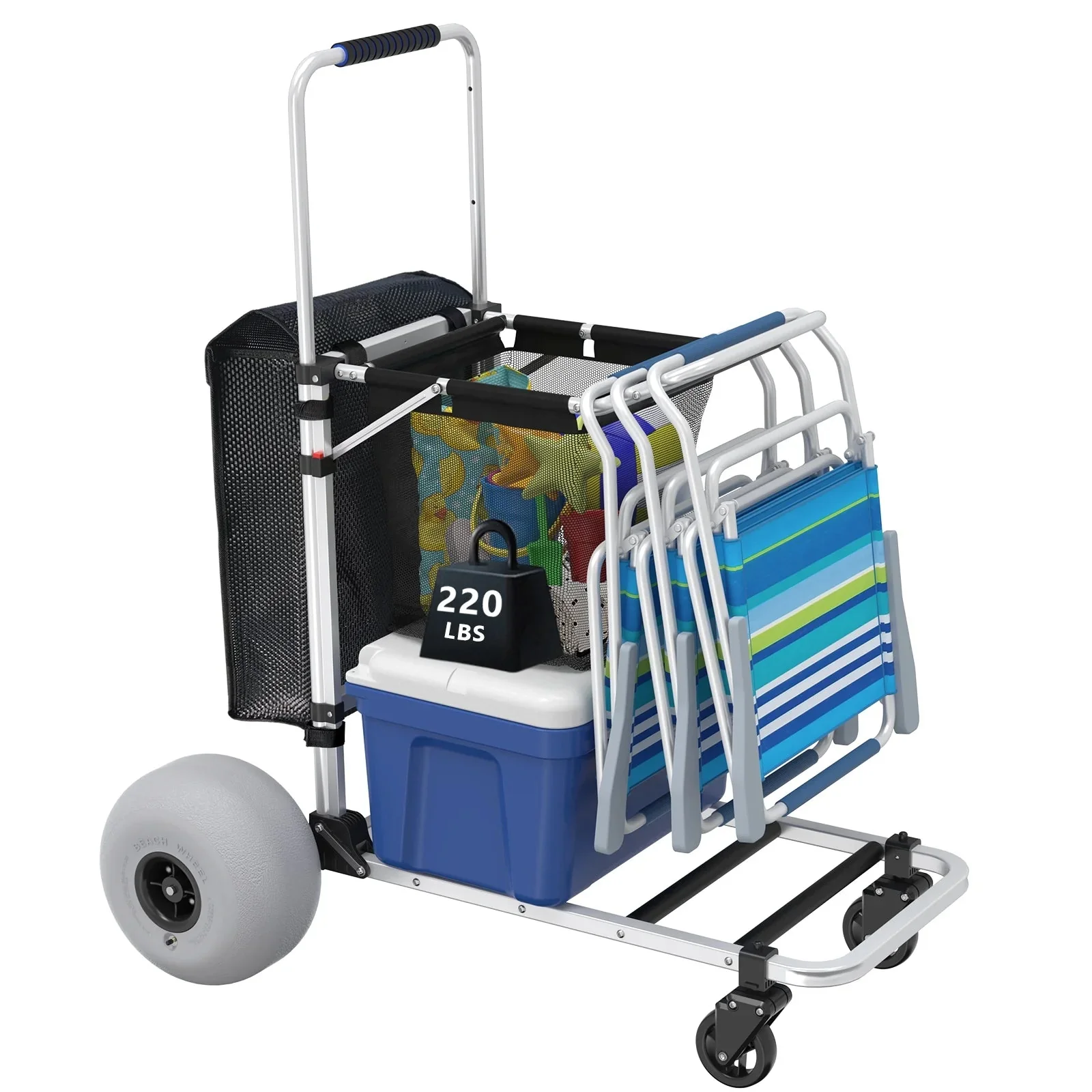 Chariot de plage pliable avec poignée réglable et roues ballons de 30 cm (12 po), en aluminium robuste, capacité de 100 kg (220 lb).