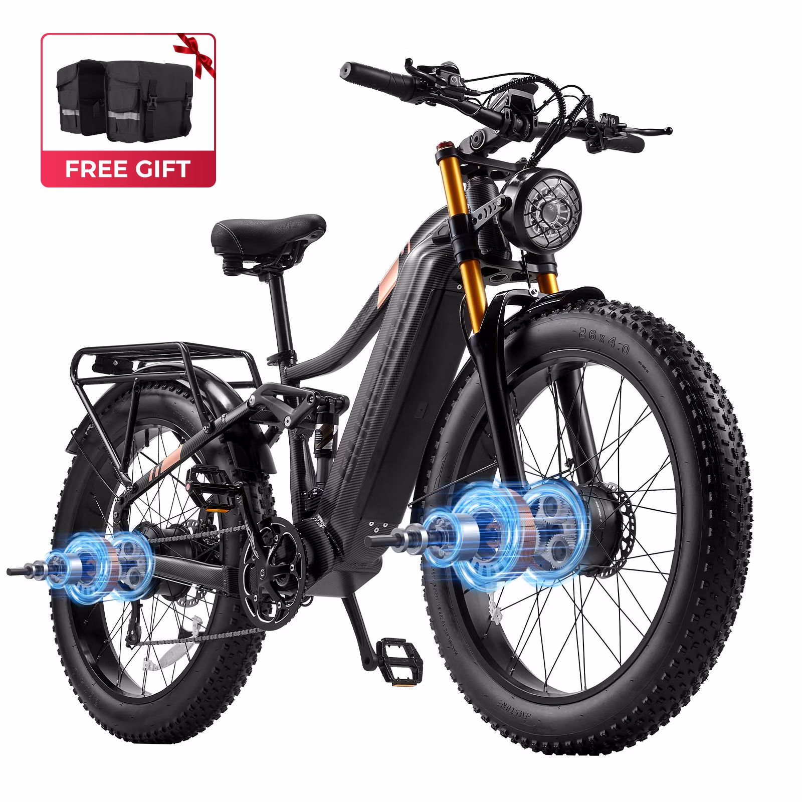 Dual Motors AWD 2000W Electric Bike for Adult 26'', UL2849 48V 30AH Removable Battery E-mountain bike 4.0 Fat Tire up to 35MPH&120Miles Long Range Off-road Ebike Beach Dual Hydraulic&Brakes E-Bicycle