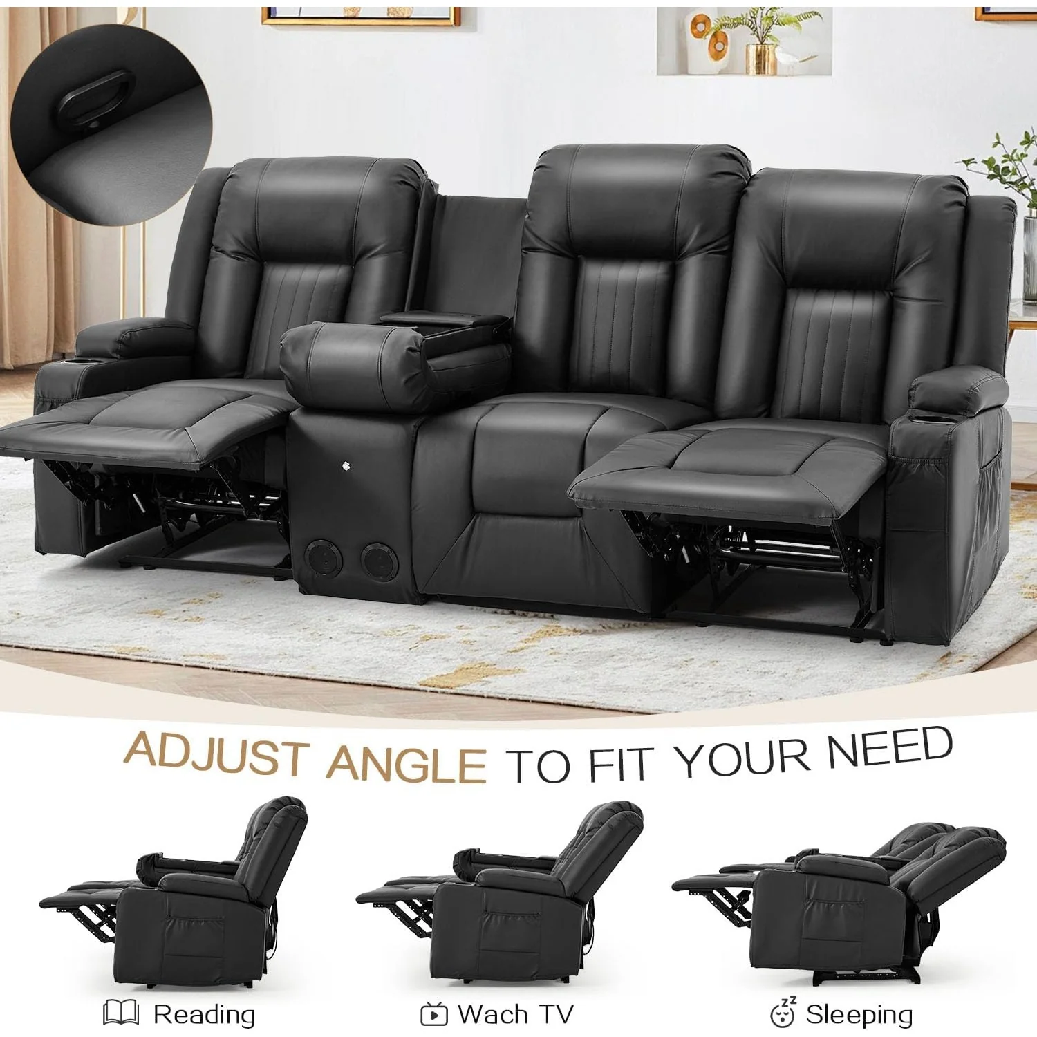 AECOJOY 3 Seater Recliner Sofa with Console&Bluetooth Speakers, Manual RV Sofa Couch, Black