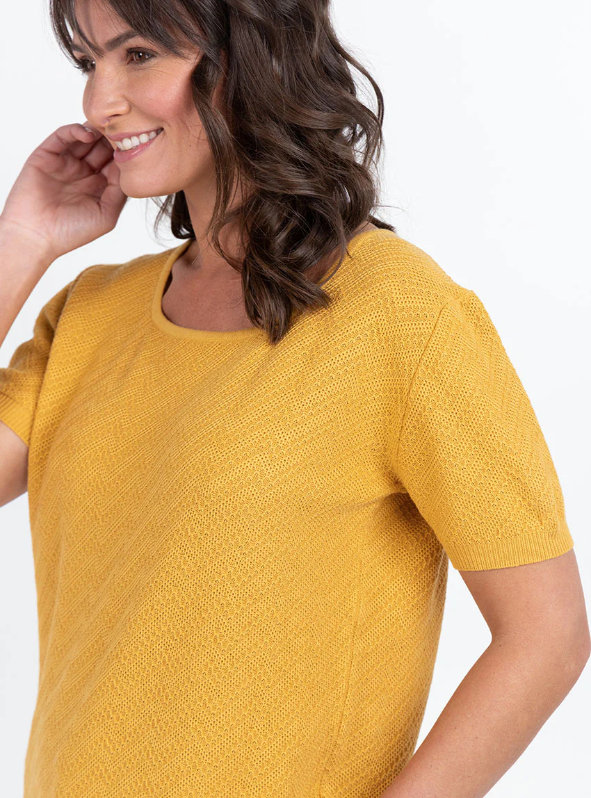 Pull femme manches courtes coton jaune safran