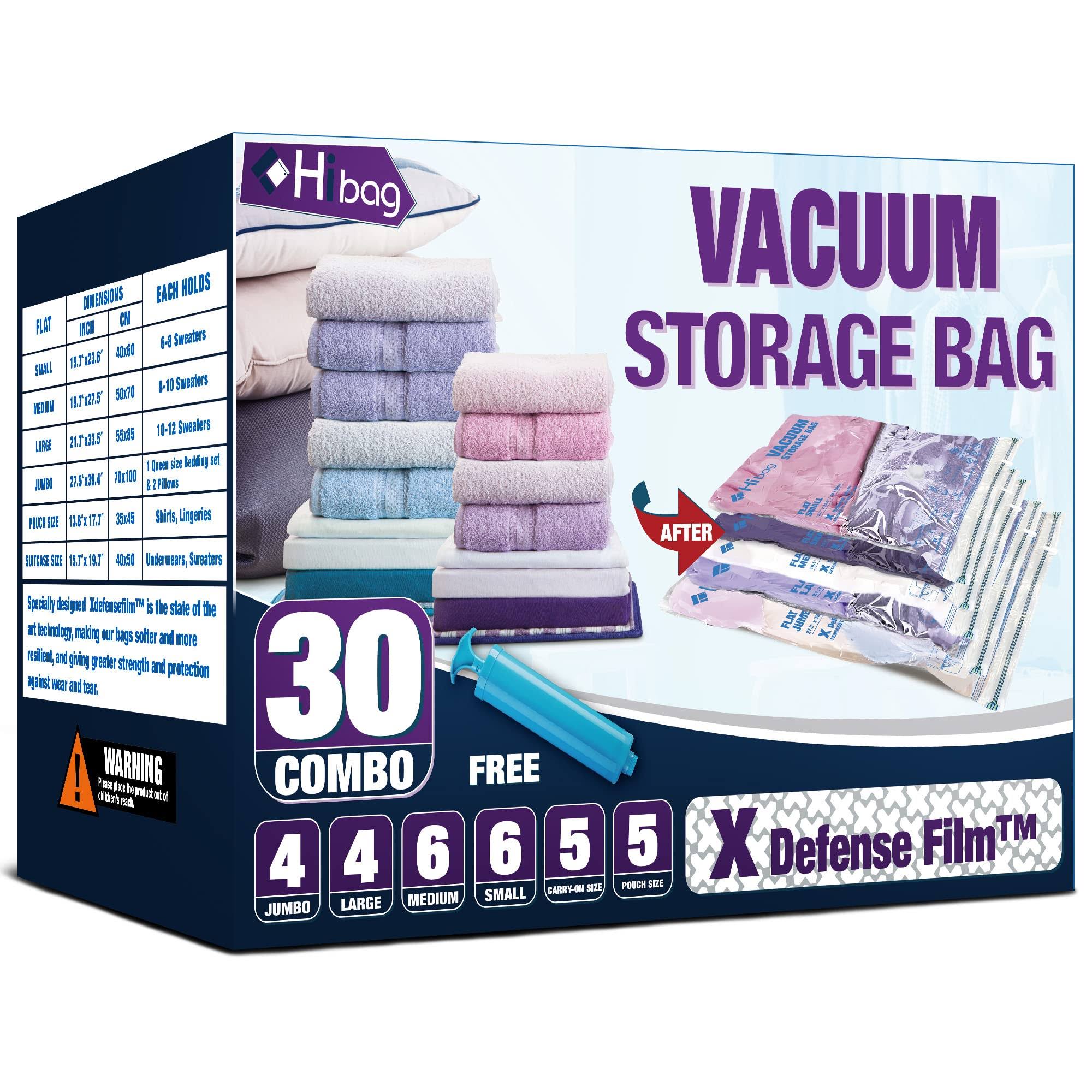 Hibag Vacuum Storage Bags, 30-Pack Space Saver Vacuum Storage Bags, Zipper Vacuum Sealed Bags for Clothing, Clothes, Comforters