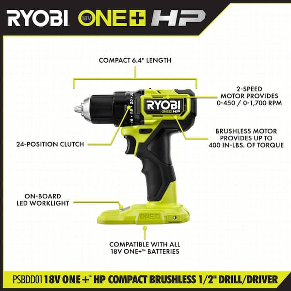 ONE+ HP 18V Brushless Cordless Compact 1/2 in. Drill/Driver Kit with (2) 1.5 Ah Batteries, Charger and Bag - Image 3