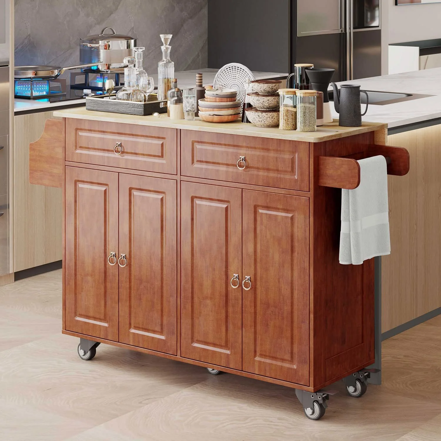 Kitchen Island with Storage, Kitchen Island Cart with Drop Leaf, Black(Black) Image 4