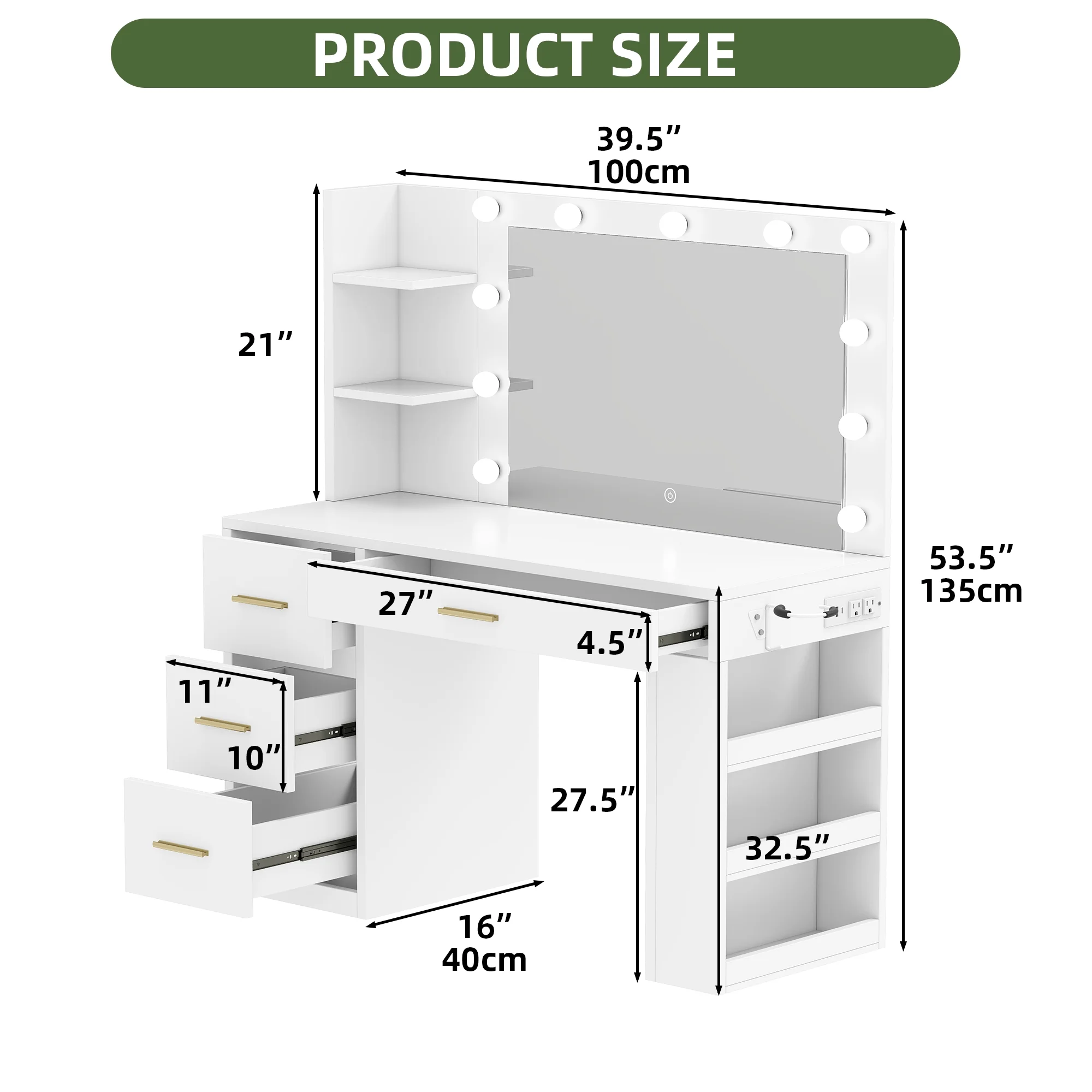 Makeup Vanity Desk with Mirror Lights, Vanity Desk with 4 Drawers Storage Shelves White(White) - Image 5