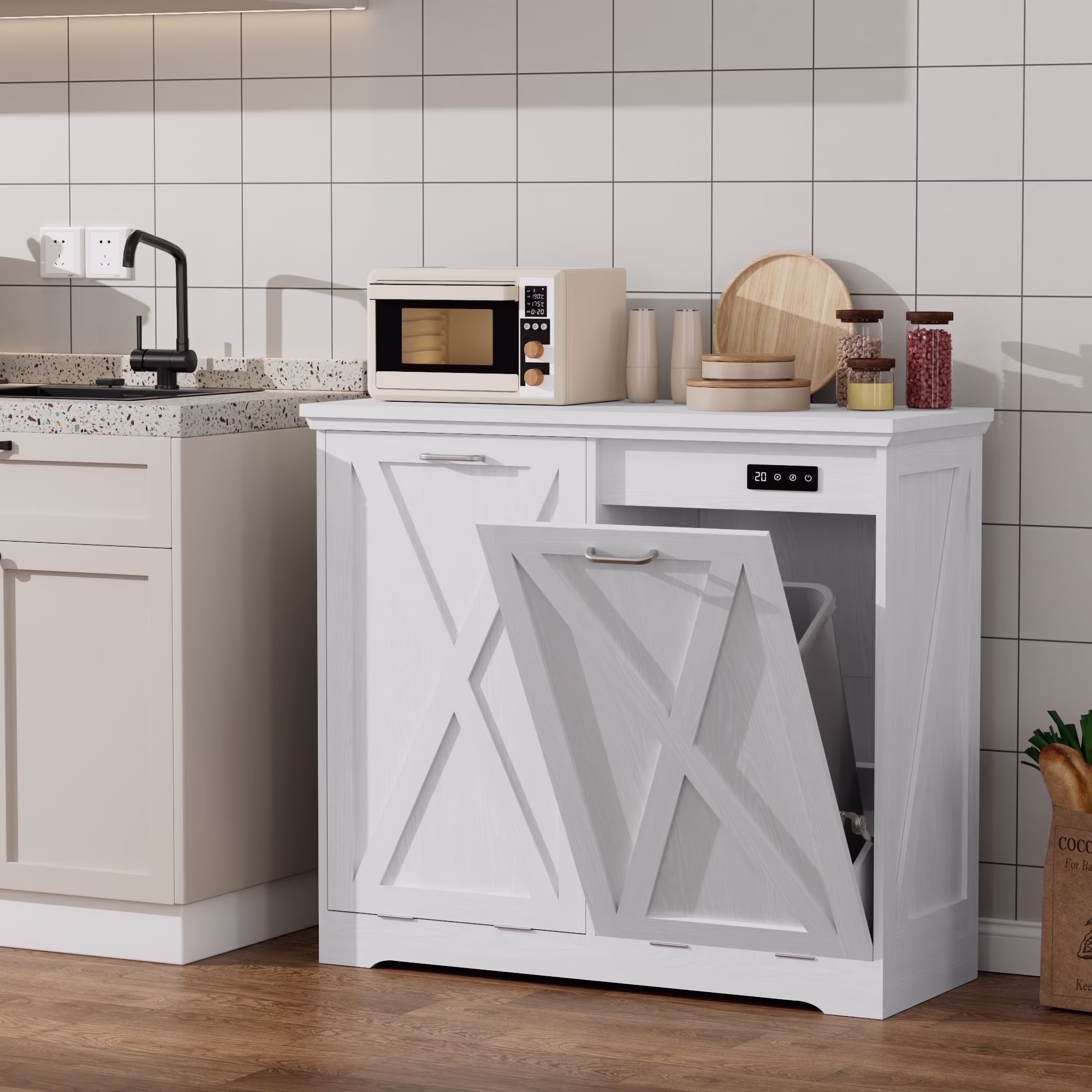 Double Tilt Out Trash Cabinet, Wooden Free Standing Laundry Sorter Cabinet, with Hideaway Drawer, White(White/20 gal) - Image 10