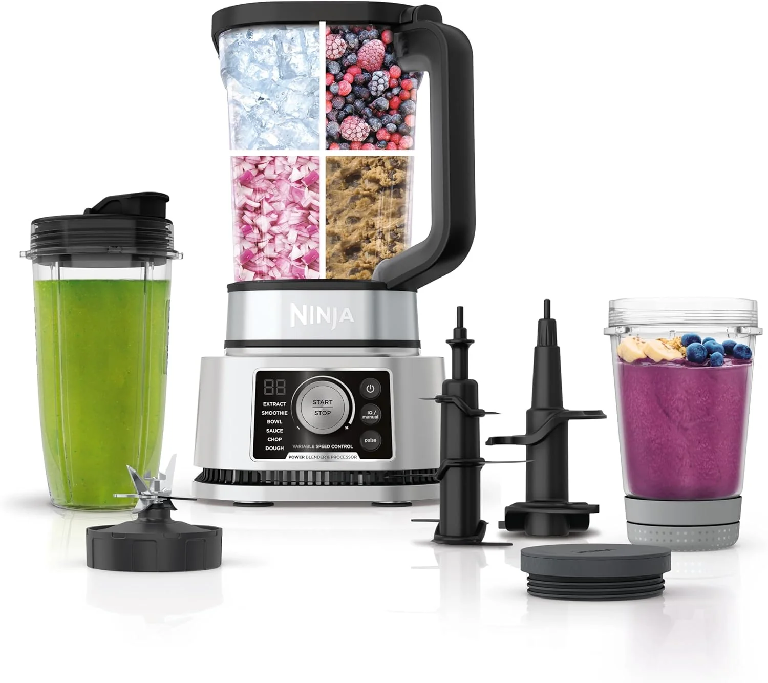 Blender Ninja, système de cuisine compact, 1200 W, 3 fonctions pour smoothies, pâtes et boissons glacées avec Auto-IQ, pichet mélangeur de 2,1 L*, bol robot de 1,2 L et gobelet individuel de 530 ml, gris, AMZ493BRN