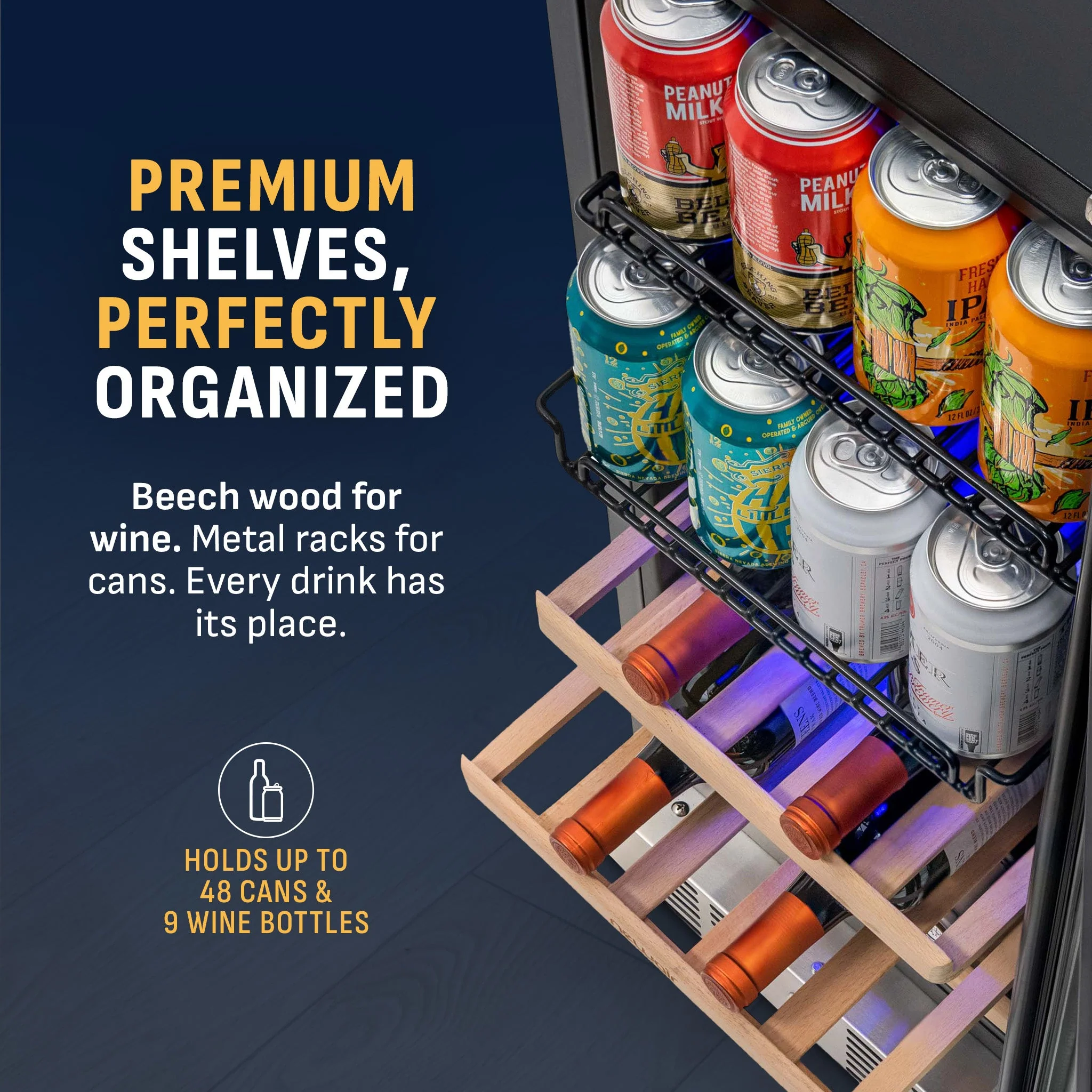 Newair 48-Can, 9-Bottle Built-in Dual Zone Beverage Fridge - 15