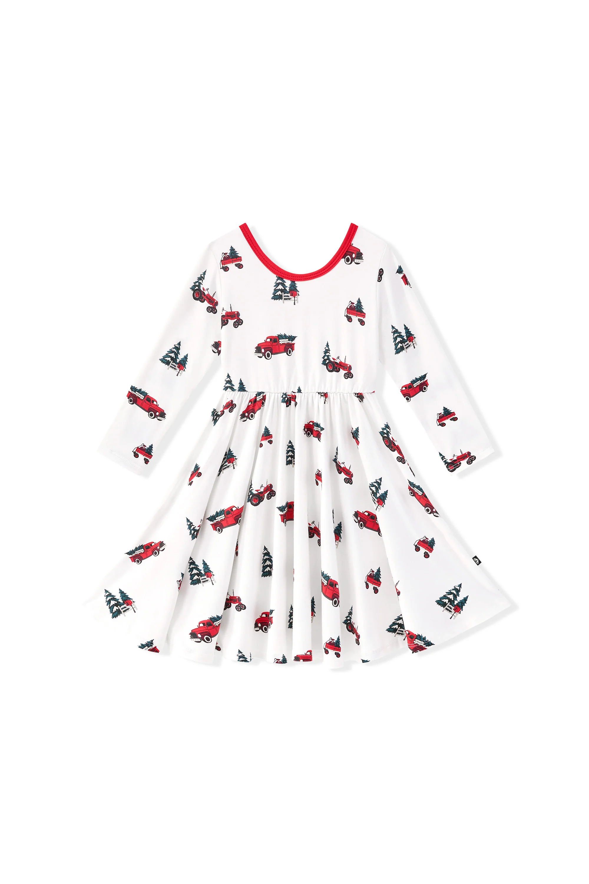 Long Sleeve Twirl Dress in Holiday Tree Farm