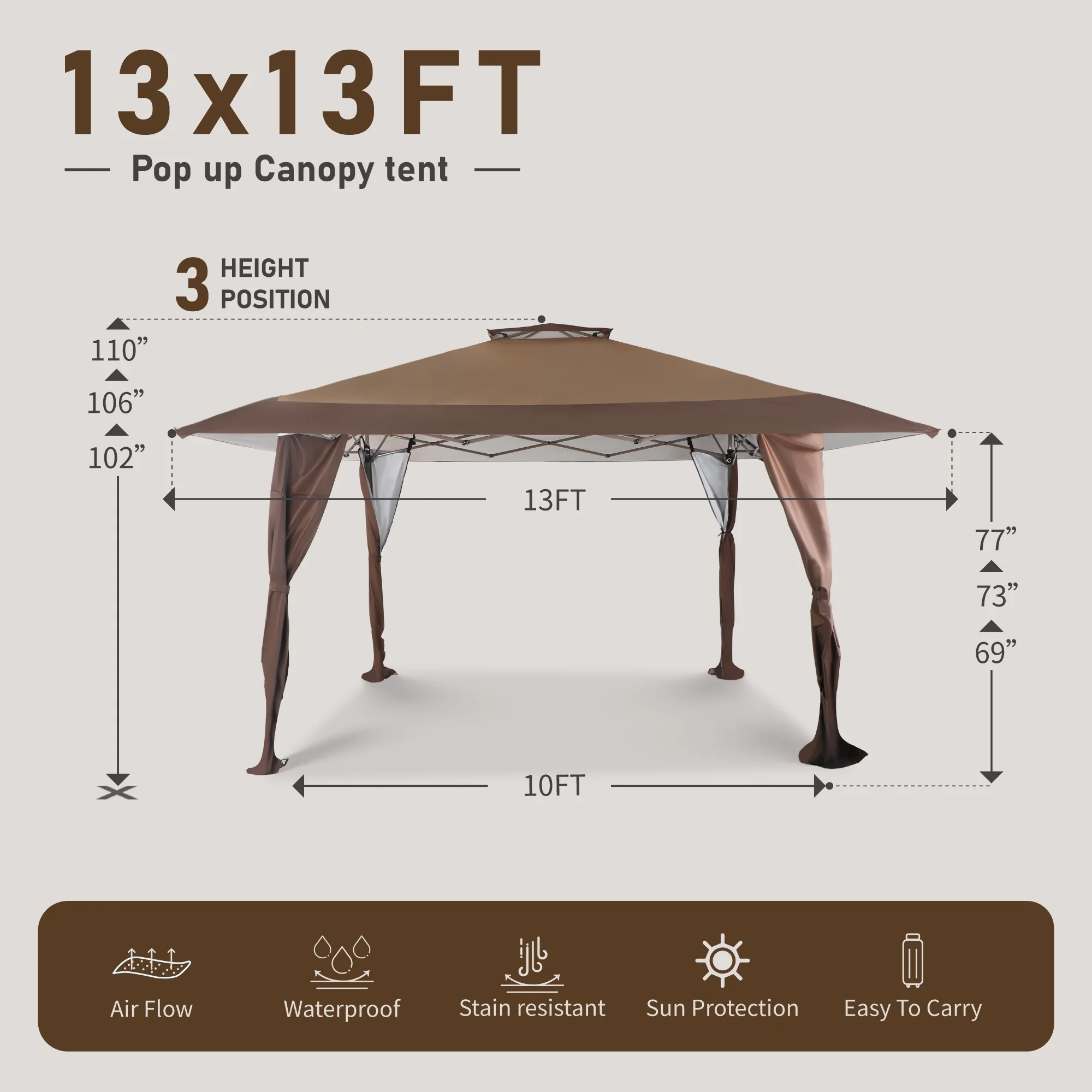 13 x 13 ft Pop Up Canopy Tents Event Shelter for Outside Party Brown - Image 7