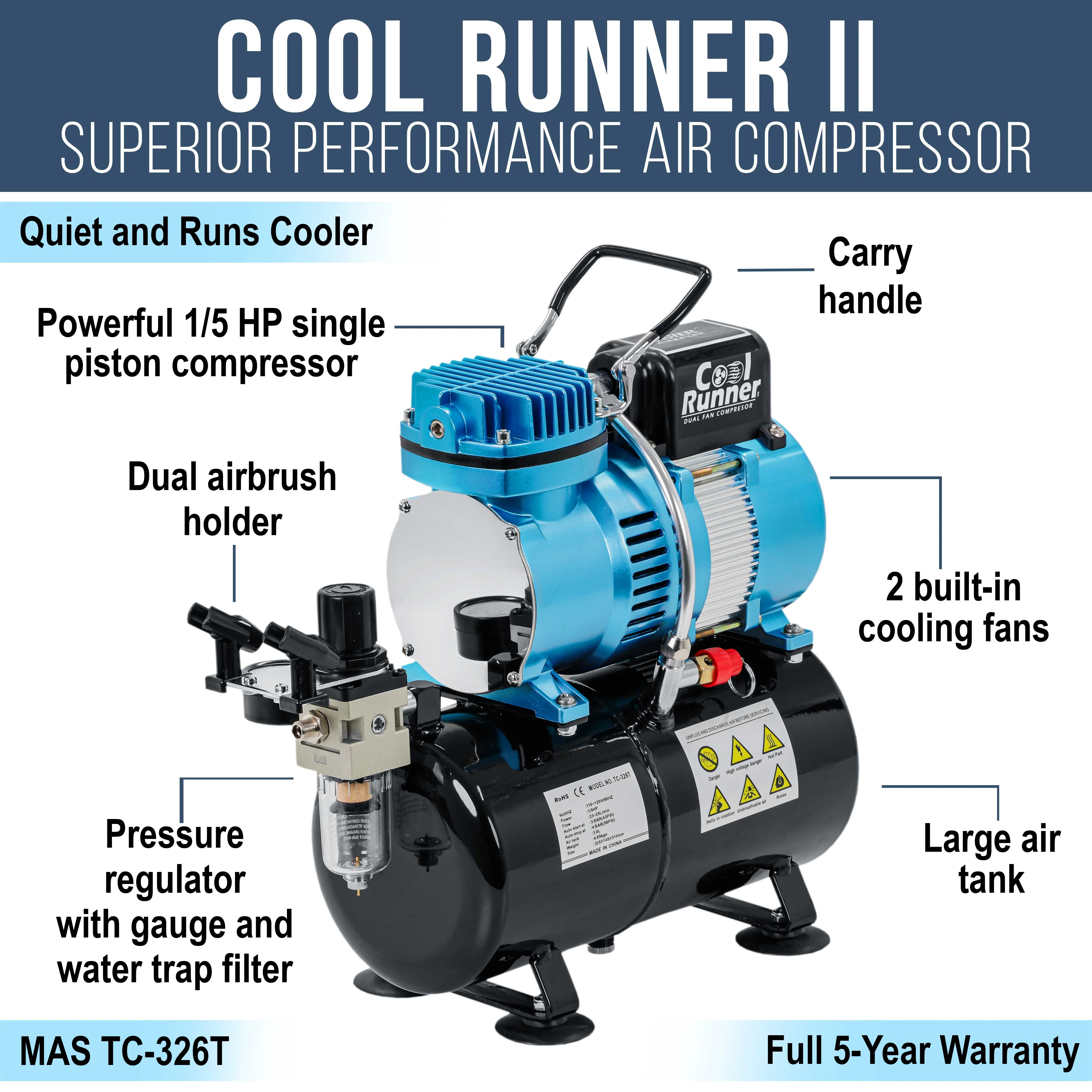1/5 HP Cool Runner II Dual Fan Tank Air Compressor Kit Model TC-326T Professional Single-Piston - Image 2