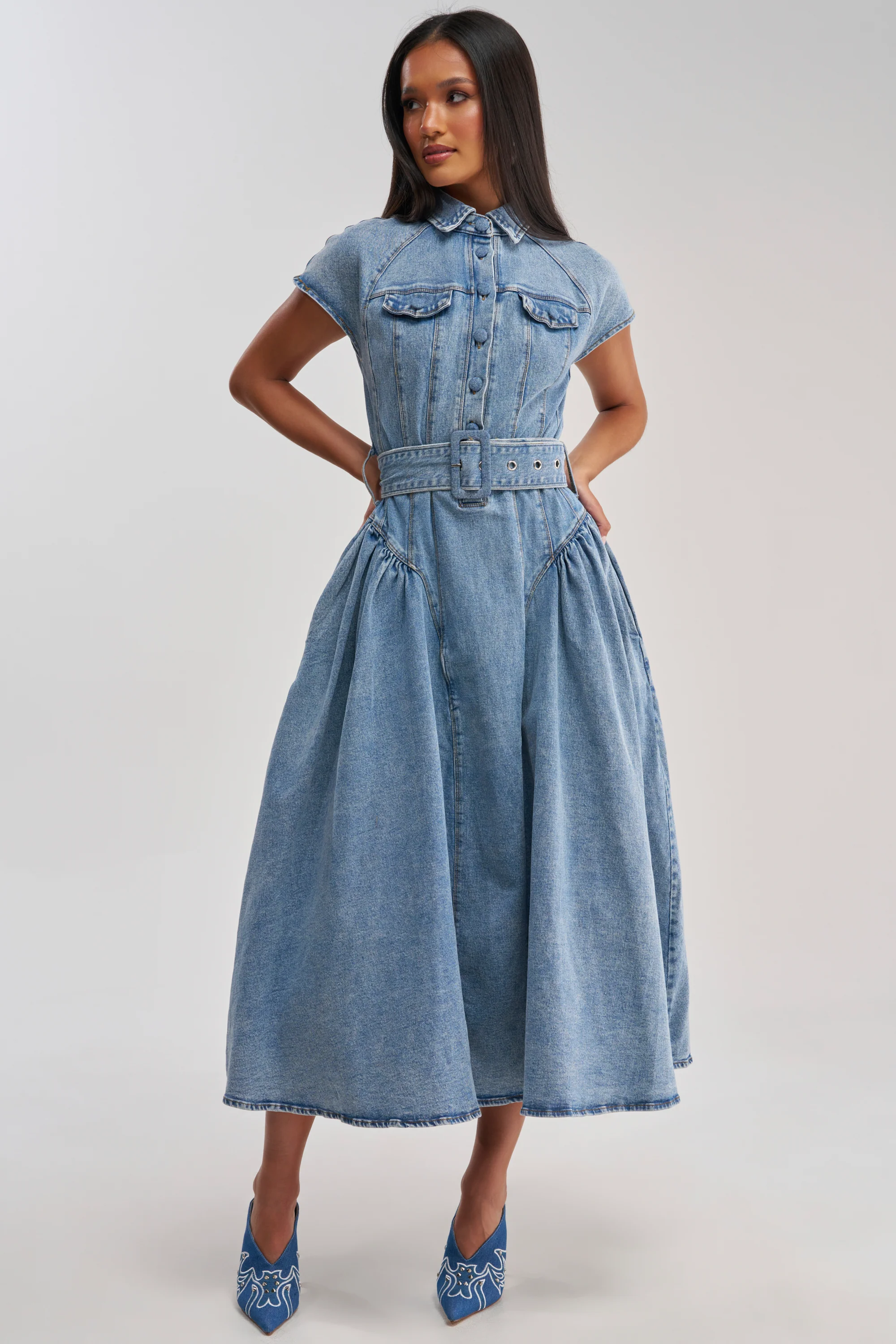 MEET THE PARENTS BELTED DENIM MIDI DRESS - Akira Store