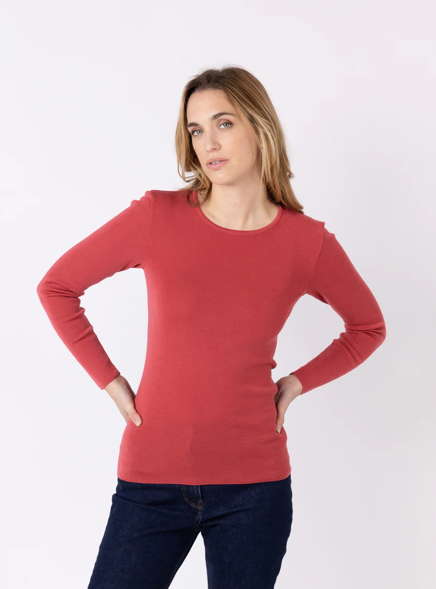 Tee-shirt thermique manches longues femme en laine merinos rouge tendre