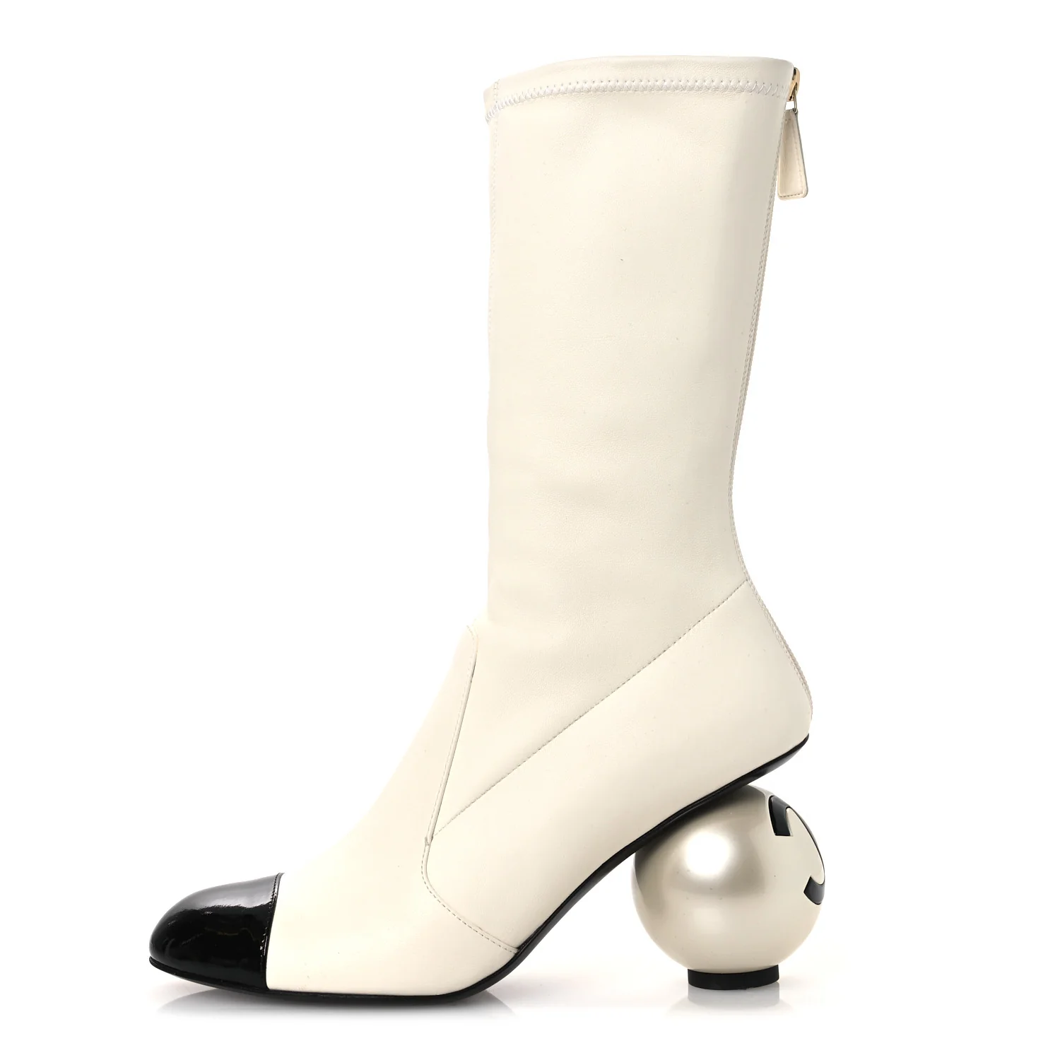 Stretch Lambskin Patent Cap Toe Pearl Ball Mid Calf Boots 39 White Black