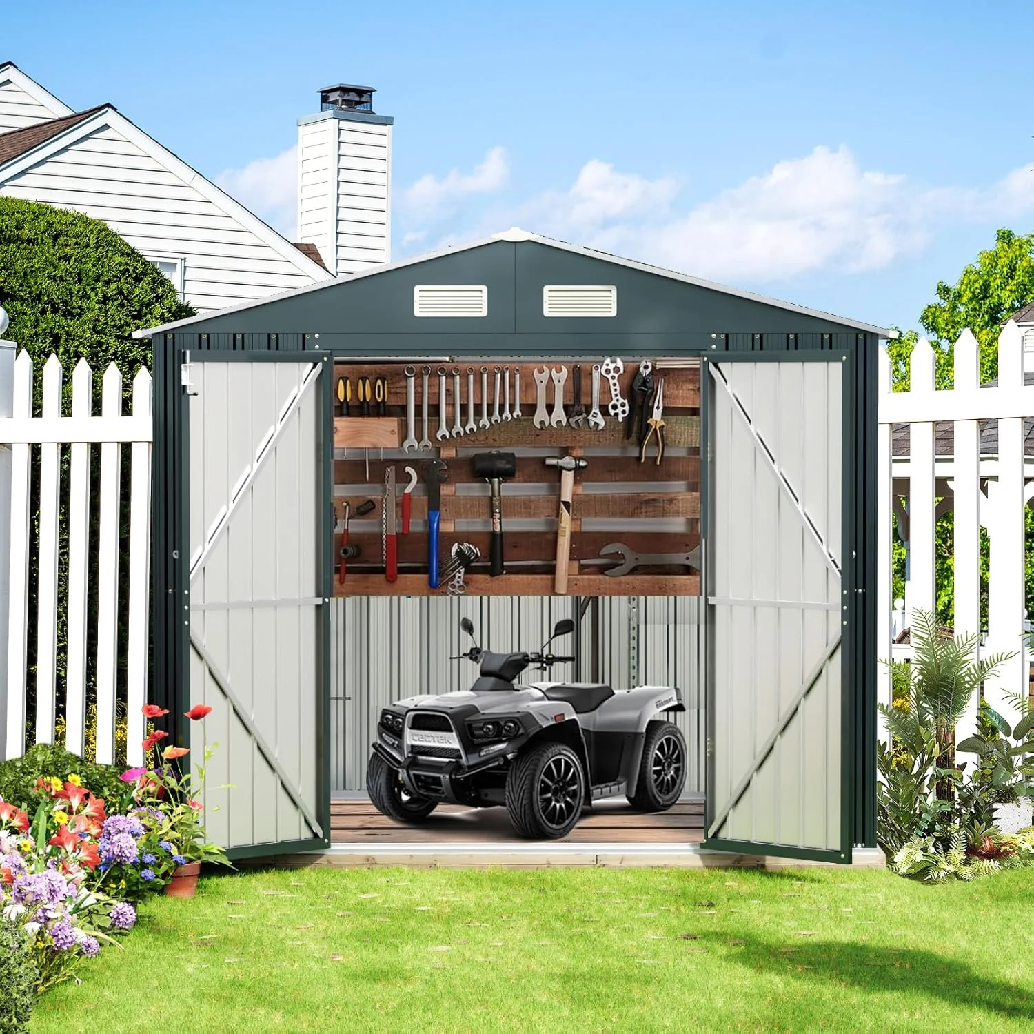 8x6FT Outdoor Steel Storage Shed with Clear Window, Lockable Doors, Weather-Resistant Metal Tool Shed for Garden, Backyard, Patio, and Utility Storage