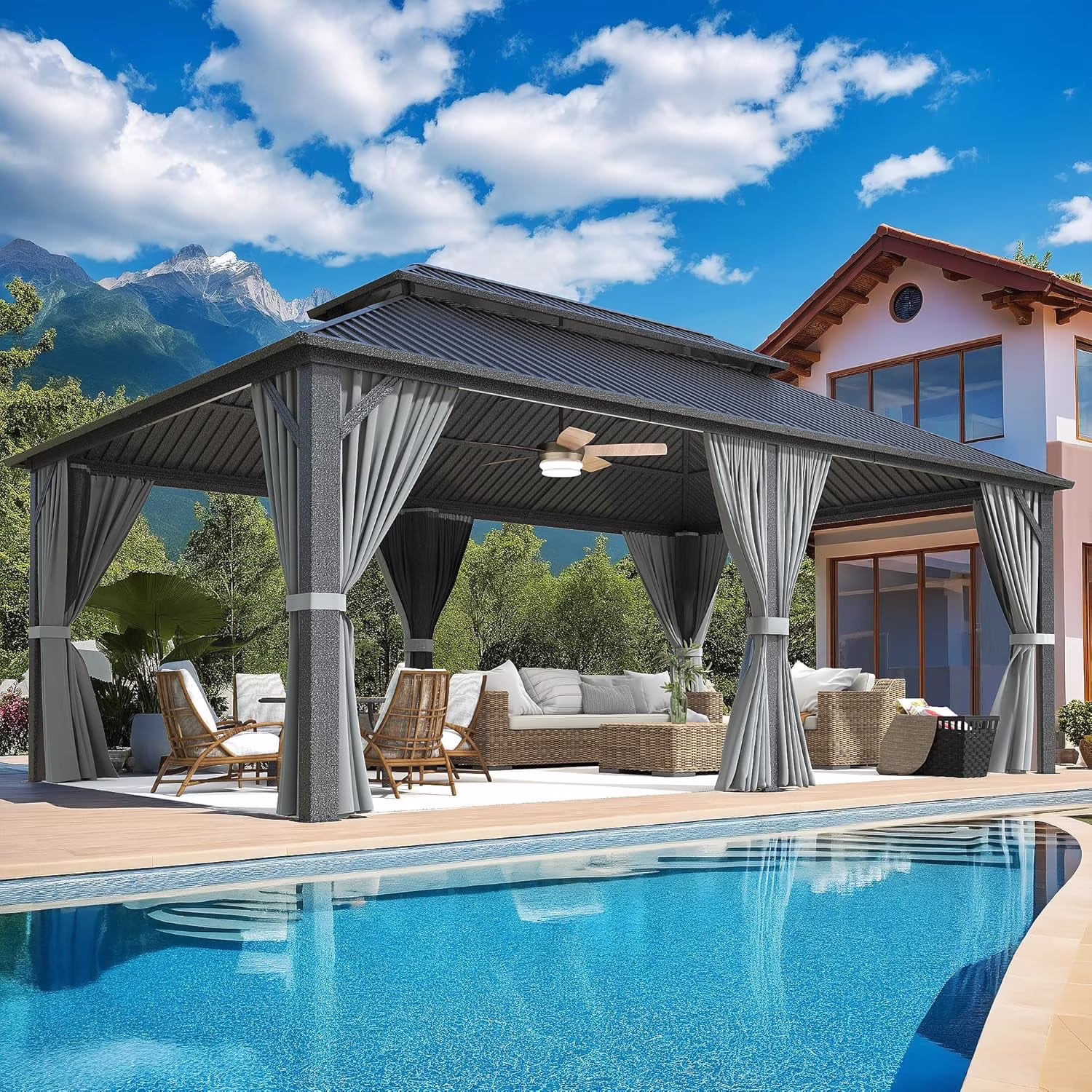 10'x12' Hardtop Gazebo with Aluminum Frame, Permanent Outdoor Pavilion Metal Gazebo with Galvanized Steel Double Roof Mosquito Netting and Curtains for Patios, Gardens, Lawns, Gray(10' x 12') - Image 5