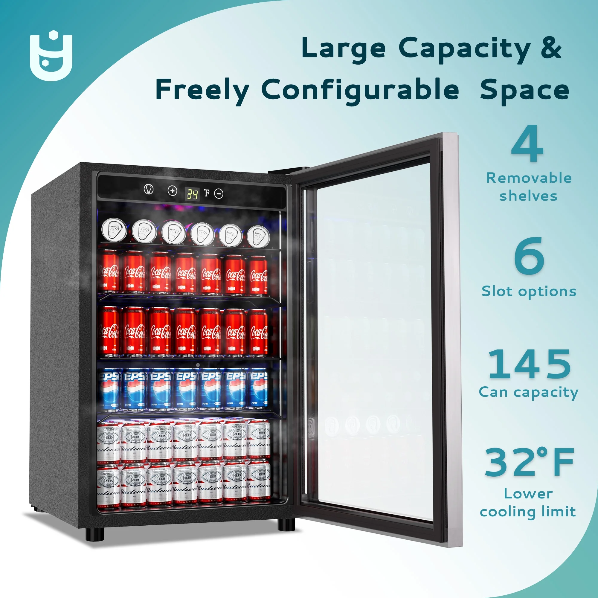 145 Can Beverage Refrigerator and Mine Cooler with Glass Door with Adjustable Shelves(Silver) - Image 2