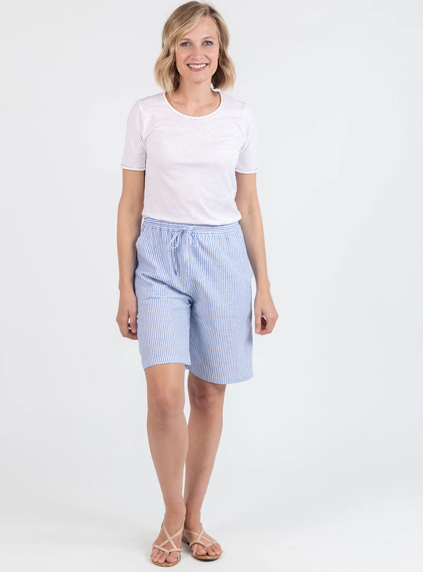 Bermuda femme rayé bleu en lin et coton