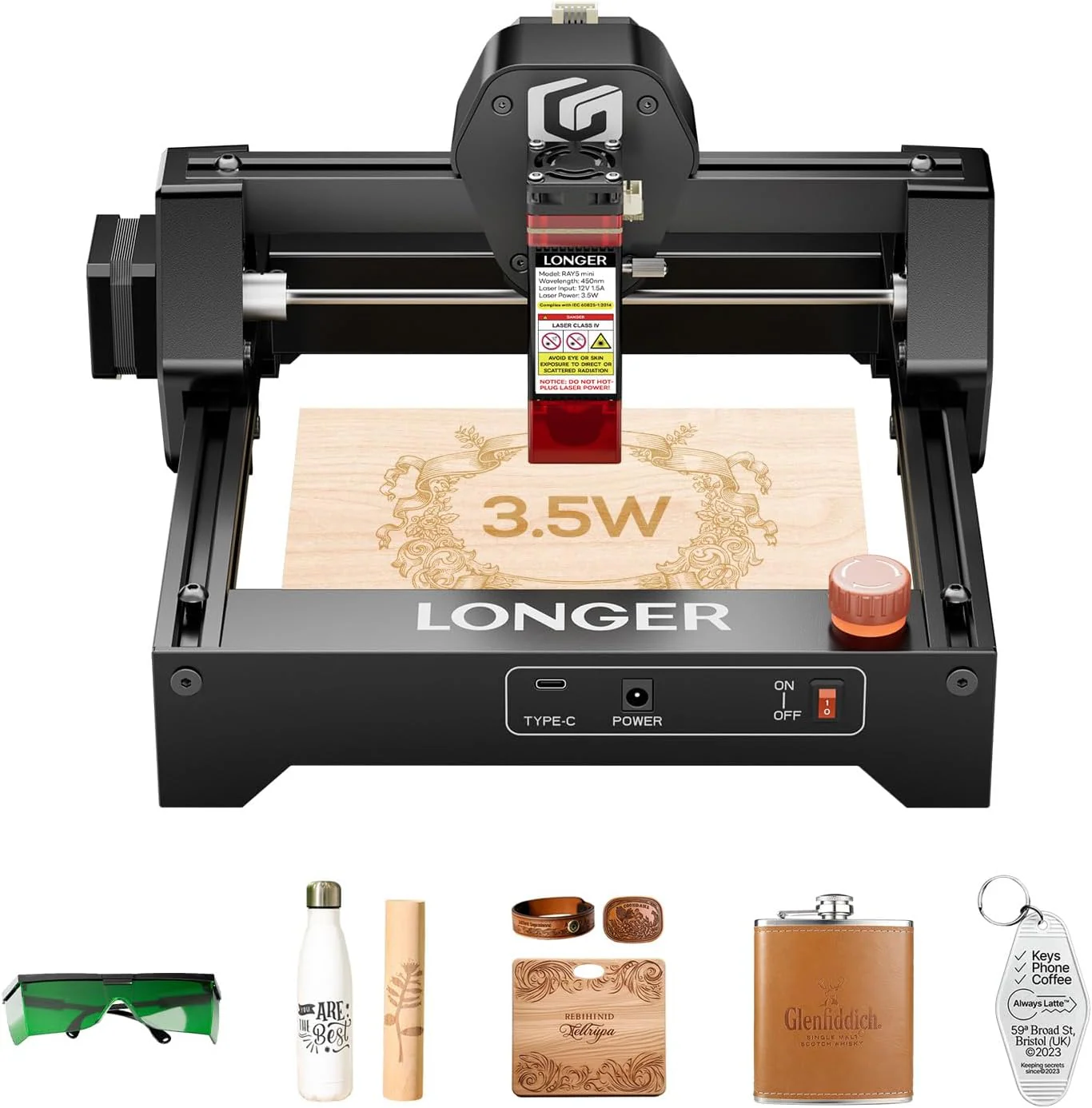 Graveur laser miniature LONGER RAY5, découpe haute vitesse 12 000 mm/min pour bois, métal, acrylique, cuir, CNC DIY, zone de gravure 140 x 130 mm, Wi-Fi, arrêt d'urgence (3,5 W)