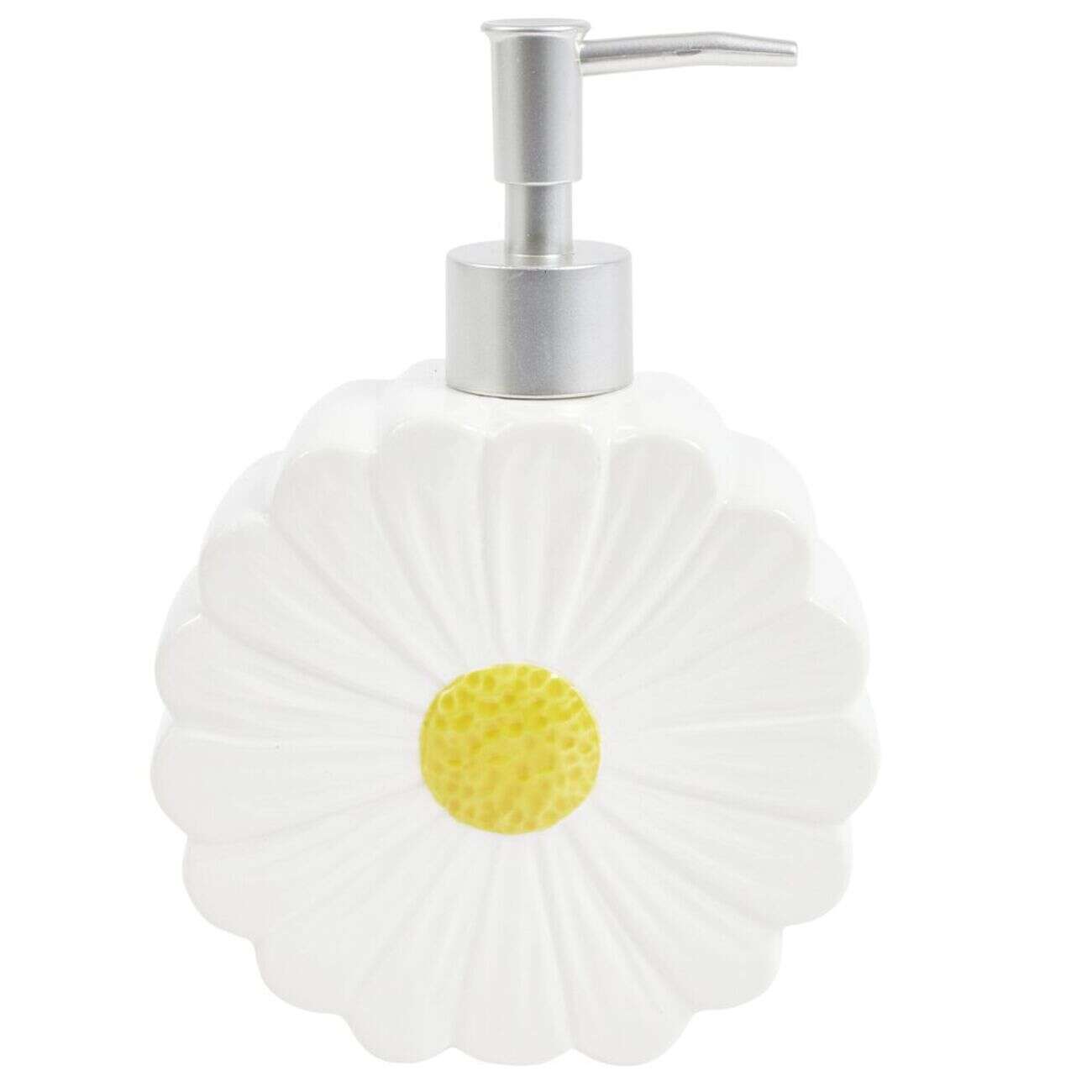 Distributeur de savon forme marguerite dolomite blanc et jaune Ø13xH18cm