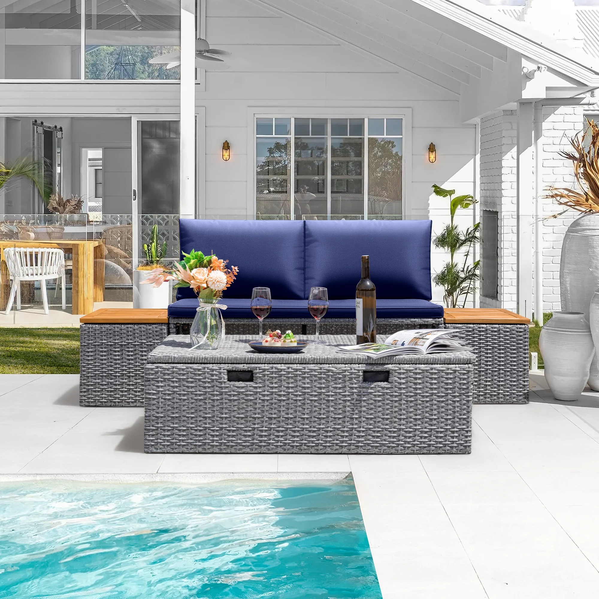 Powder Coated Alloy Steel Outdoor Daybed with Storage, Dark Blue(Dark Blue) Image 10