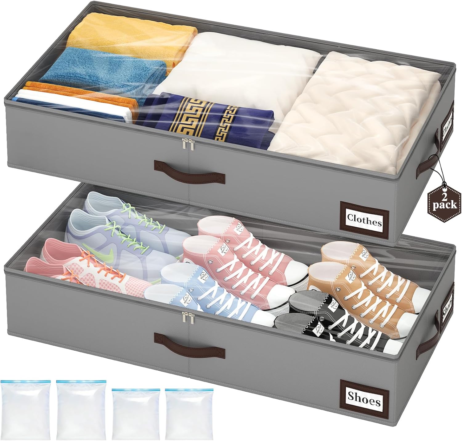 OIAHOMY 2 Pack Under Bed Storage with Handles, Underbed Container for Bedroom & Closet, Fits Beds Higher than 6