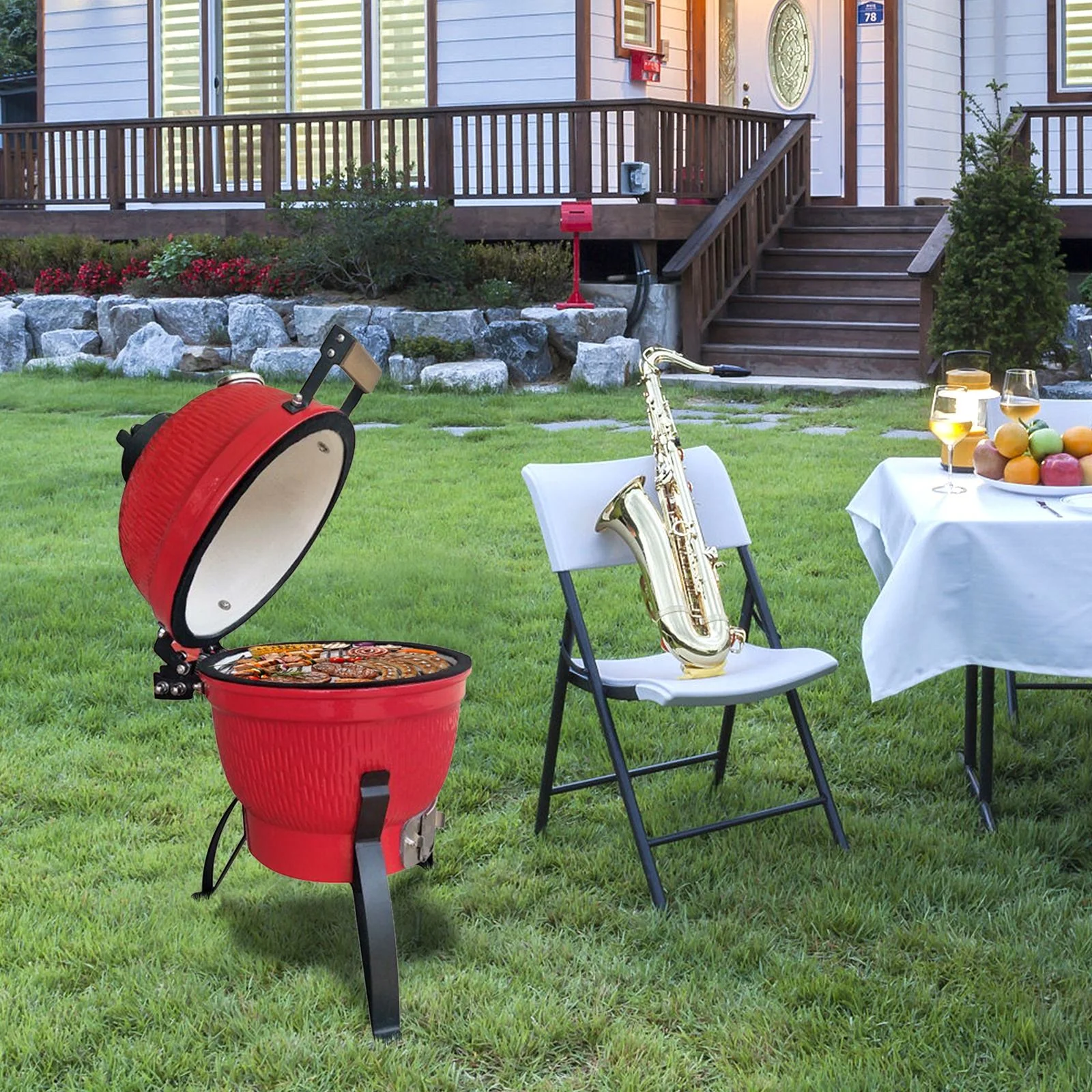 13 in Orange Ceramic Charcoal Grill Round Kamado Style BBQ Cooker Portable Outdoor Smoker Barbecue Grill for Patio Garden Backyard Camping Cooking with Vents and Temperature Control Grill Rack