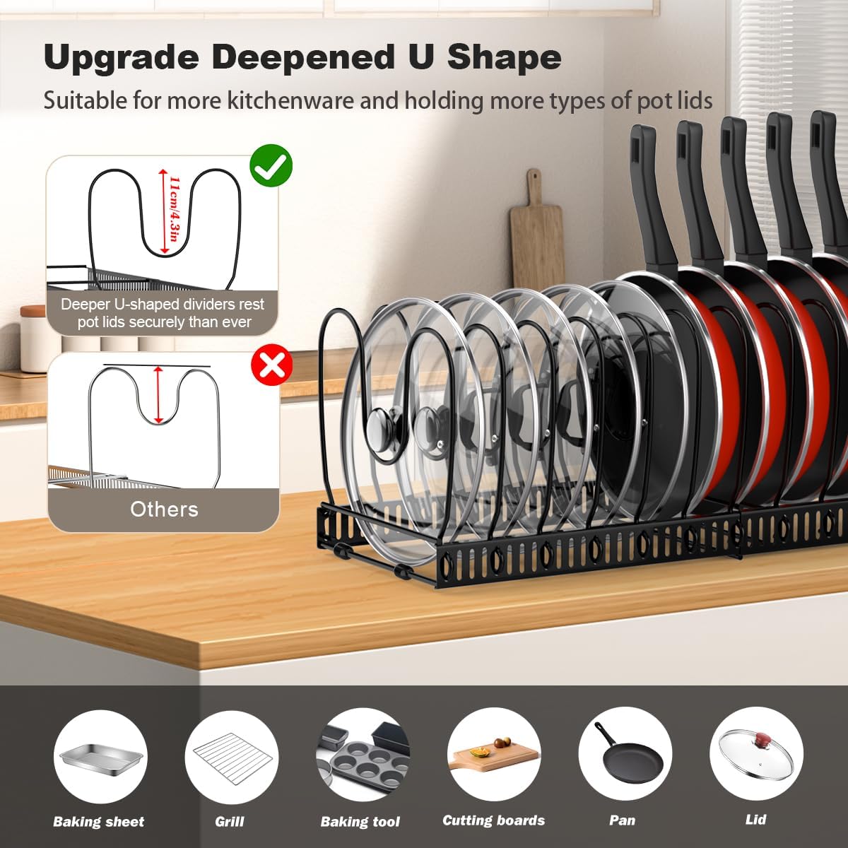 Housolution Pot and Pan Lid Organizer Holder Storage Rack, Black