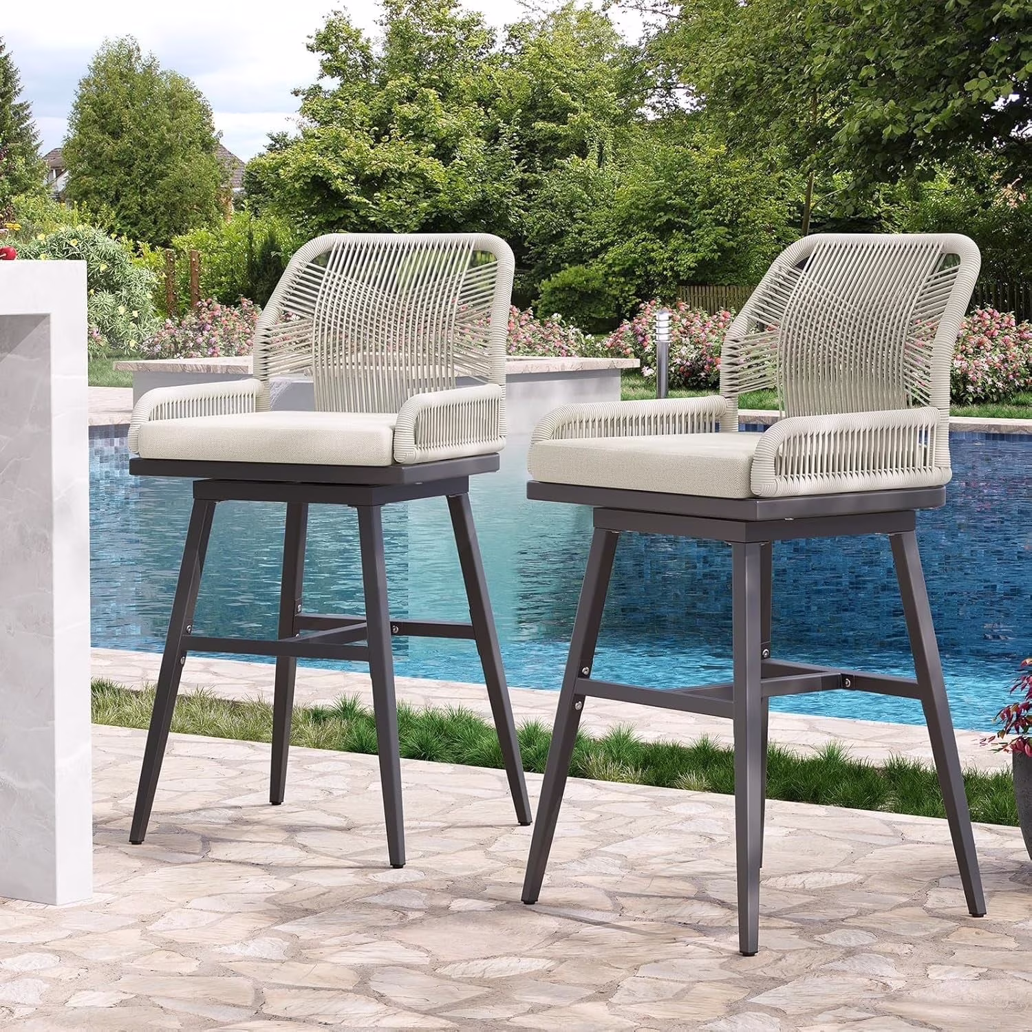 MEISSALIVVE Set of 2 Rattan Swivel Bar Stools, 26 Counter Height with Woven Rope Back, Cushioned Patio Bar Chairs for Kitchen, Garden, Beige