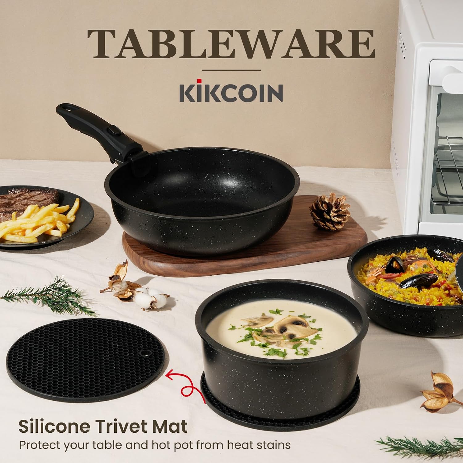 Nonstick Pots and Pans Set - 20 Pack KIKCOIN Stackable Cookware Set with Detachable Handle, RV Kitchen Cooking Set with Removable Handles - Oven Safe, Induction Ready (Black)