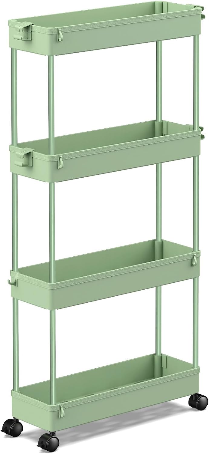SPACEKEEPER Slim Rolling Storage Cart, 4 Tier Bathroom Cart Organizer, Green