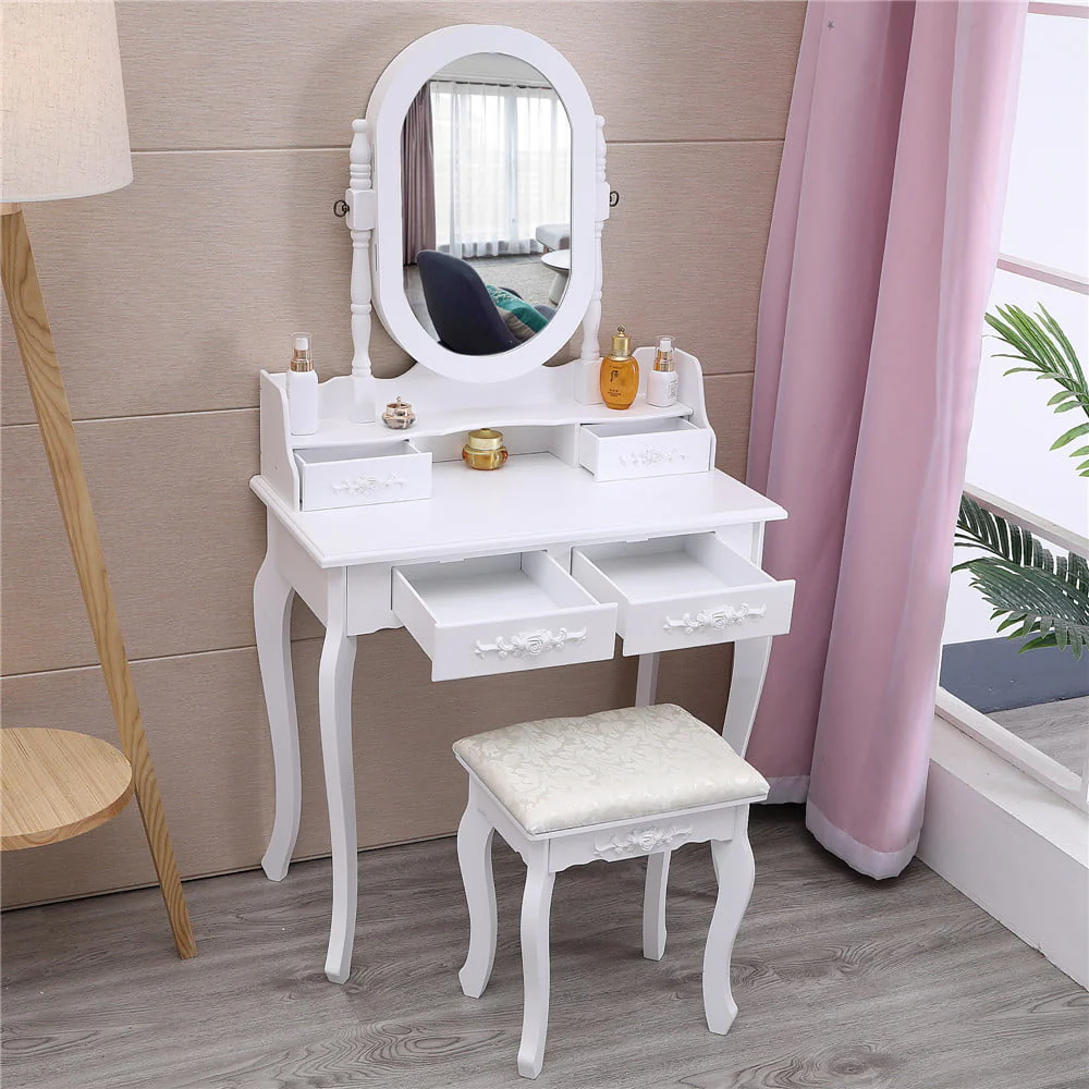 Vanity Jewelry Wooden Makeup Dressing Table Set W/Stool Mirror Cabinet 4 Drawer - Image 3