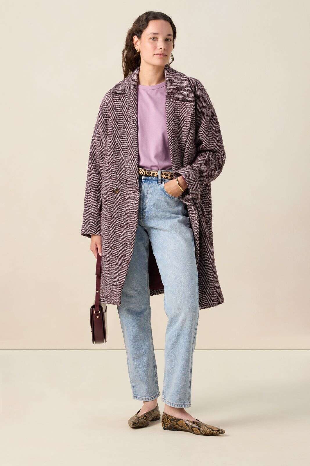 Donkerrode herringbone wollen jas