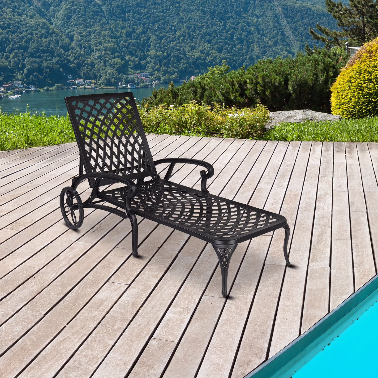 Ktaxon Outdoor Aluminum Sunbed Lounge Chaise Chair w/ Adjustable Backrest for Patio Garden Poolside, Black