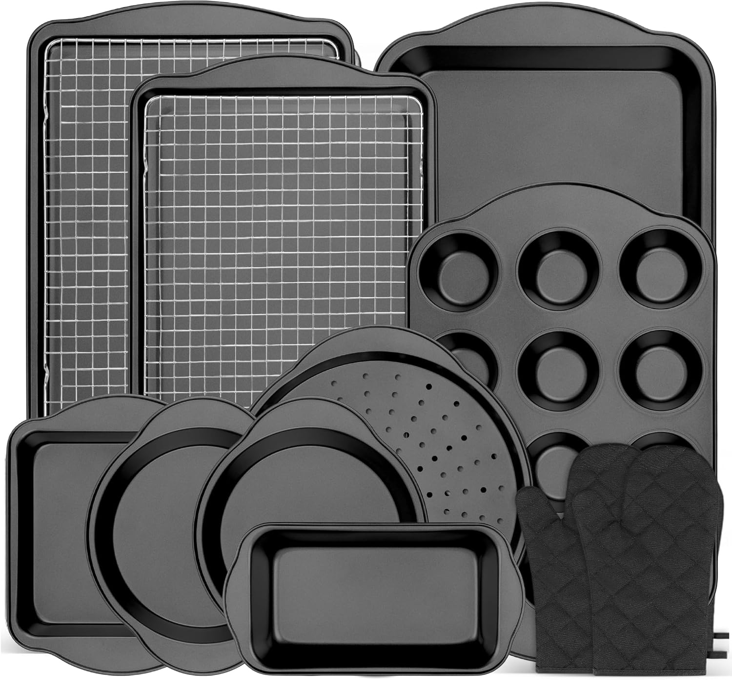 12PCS Nonstick Bakeware Set, Non-Toxic Carbon Steel Baking Pans Set with Wider Grip, Includes Roasting Pan, Cookie Sheet, Cake Pans, Muffin Pans, Cooling Rack, Oven Mitts, Easy Release