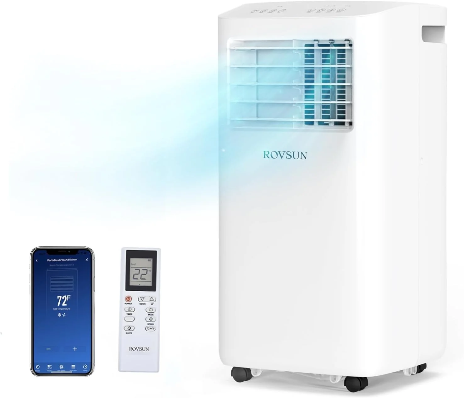 Climatiseur portable intelligent ROVSUN 8000 BTU avec Wi-Fi, télécommande et application de contrôle, 3 en 1 (refroidisseur, déshumidificateur et ventilateur), puissant climatiseur mobile avec roulettes et kit d'installation facile