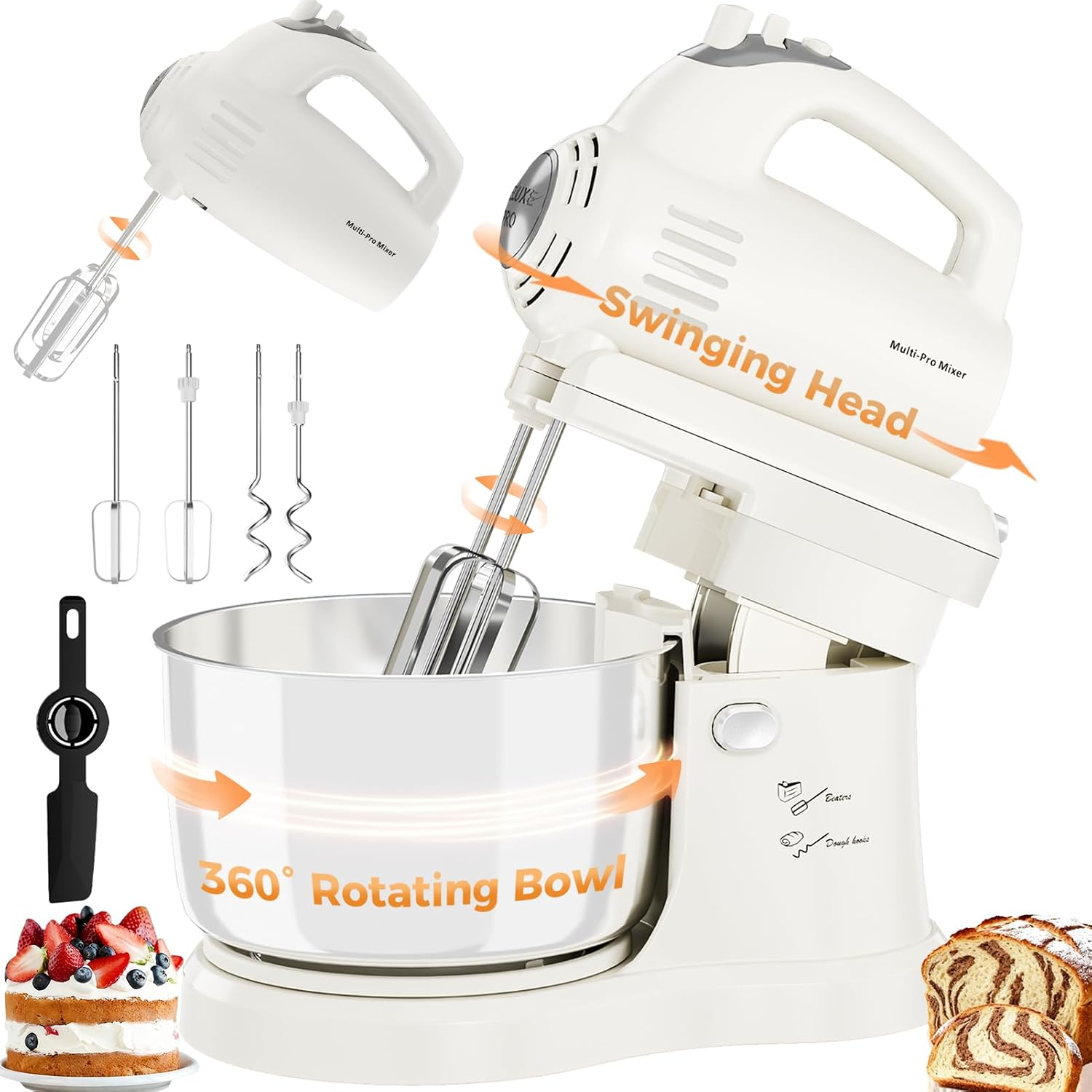 3.2QT 2-in-1 Stand Mixer, Electric Kitchen Mixer with Auto-Rotating Bowl & Tilt-Head, 5-Speed 250W Turbo Baking Machine for Beginners with Beater & Dough Hook for Cookies, Bread, Cake (White)