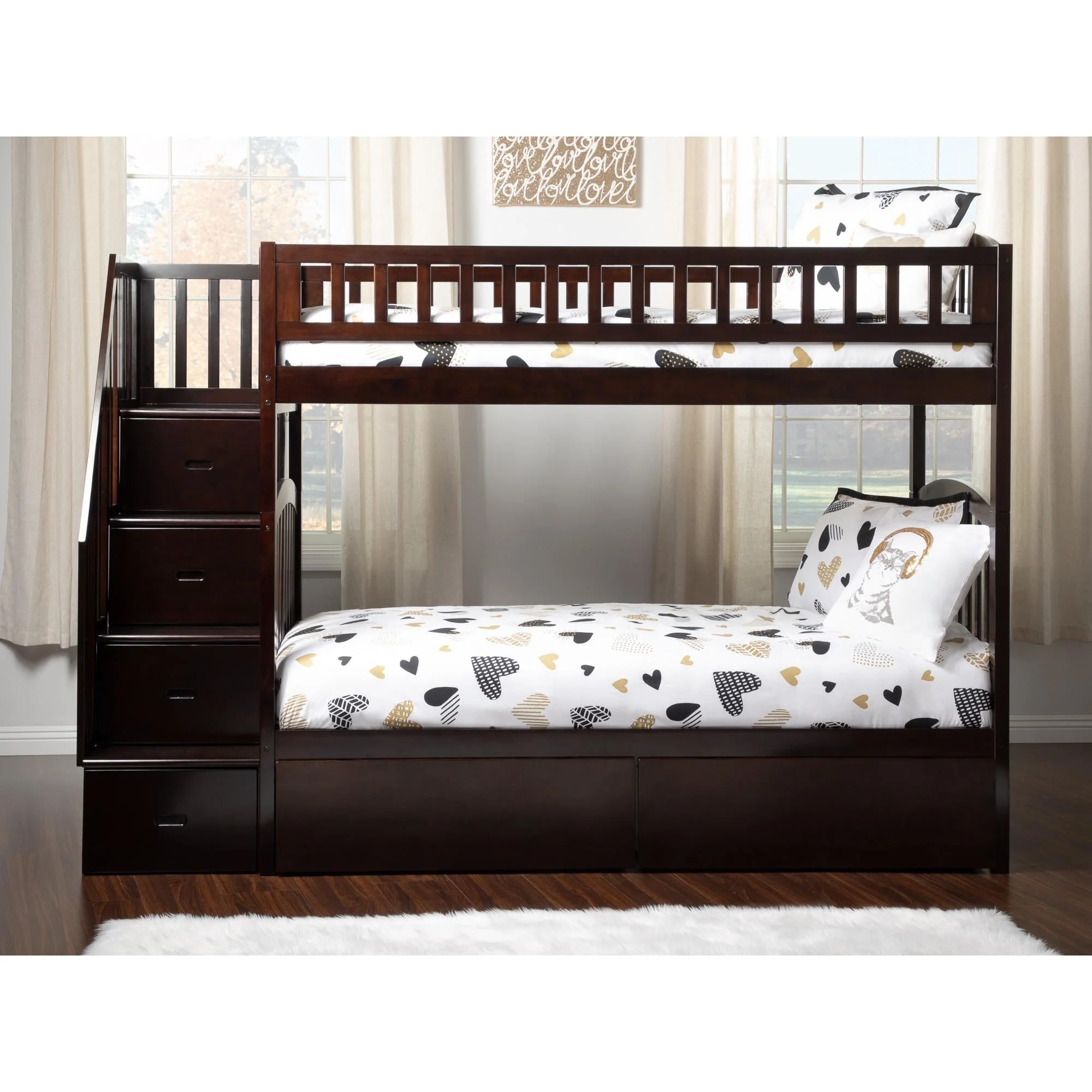 Westbrook Staircase Bunk Twin Over Twin with 2 Urban Bed Drawers in Espresso