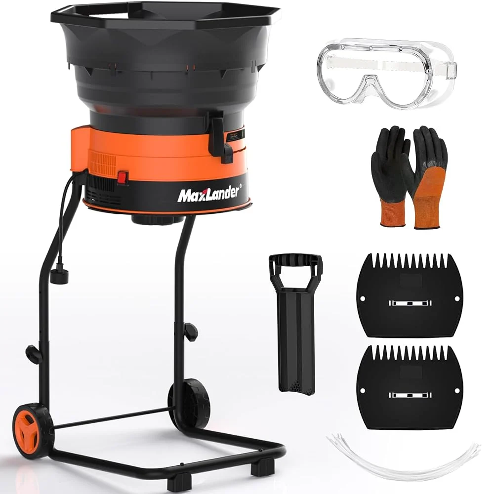 MAXLANDER Electric Leaf Mulcher/Shredder, 15 Amp 8400 RPM Leaf Grinder with 18:1 Mulching Ratio, Adjustable Control Dial, 20 Cutting Lines, Goggles, Gloves & Leaf Scoops for Wet/Dry Leaves