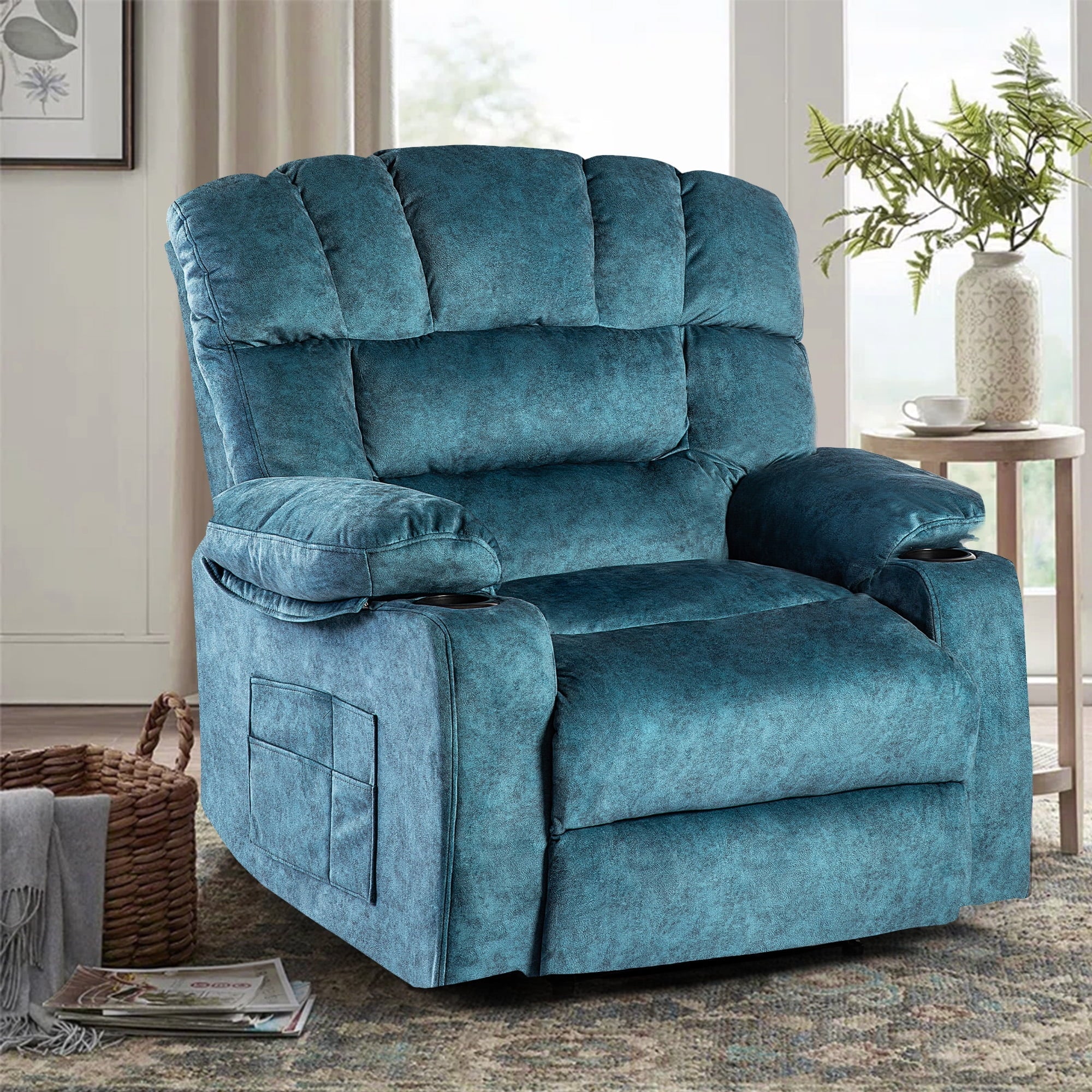 40 9" Wide Super Soft and Oversize Modern Design Velvet Upholstered Manual Recliner Chair with Heating and Massage, Green(Blue)
