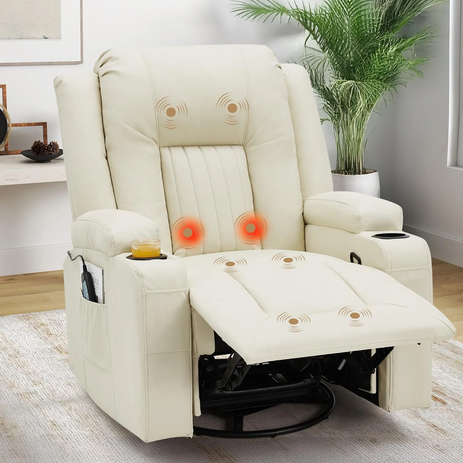 AECOJOY Massage Recliner Manual Chair with Heating & 360° Swivel Rocking Function, Cream White