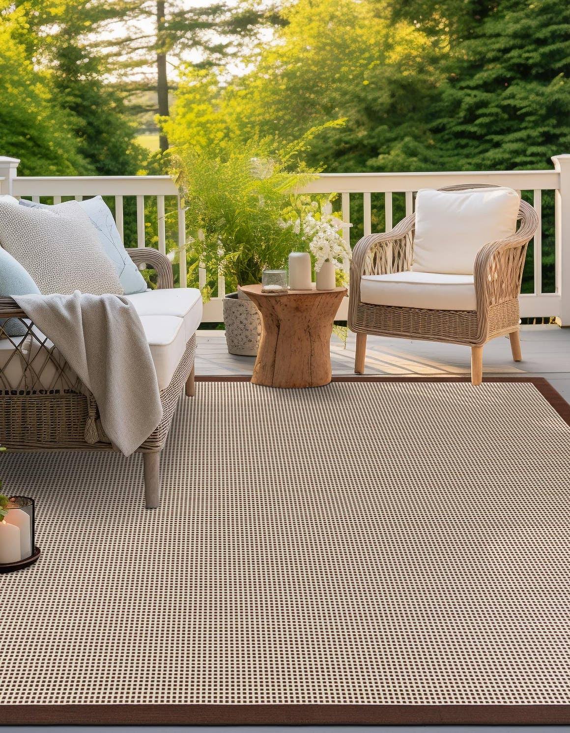 Outdoor Border 10 ft Square Brown Geometric Area Rug Indoor Outdoor Rug